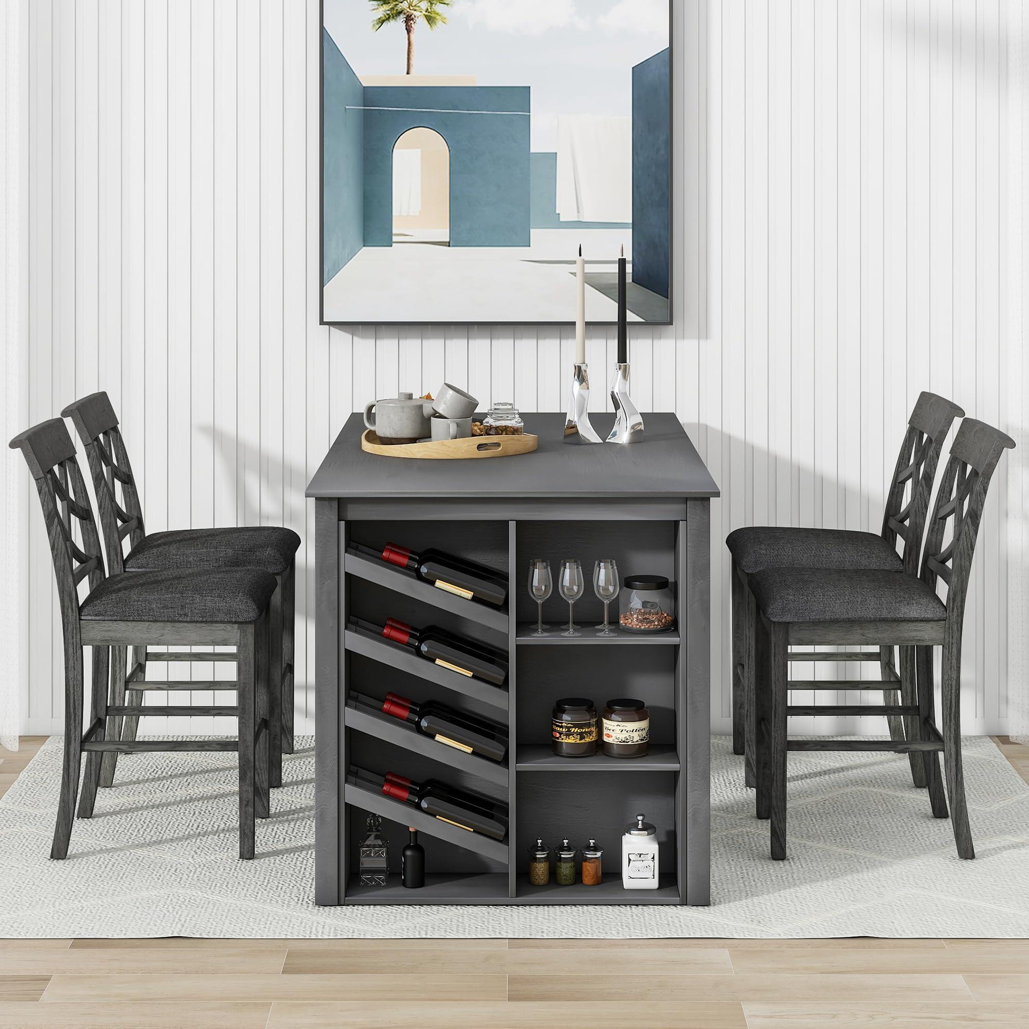 Merax 5 Piece Farmhouse Counter Height Dining Table Set with Wine Rack - Wood Table, 4 Upholstered Chairs for Kitchen Dining Room Grey - Image 3