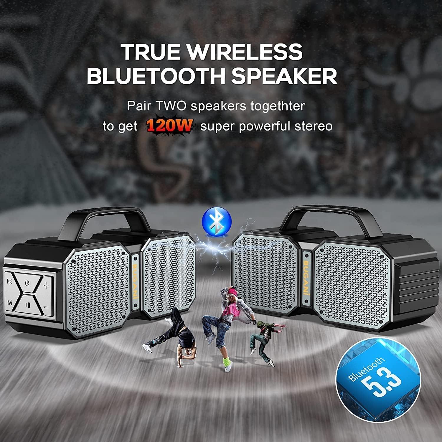 BUGANI Bluetooth Speaker, Shock Portable Bluetooth Speaker, Bluetooth 5.3, Waterproof, Wireless Speakers, 60W Super Power, Outdoor Speaker, Black (New Model) - Image 3