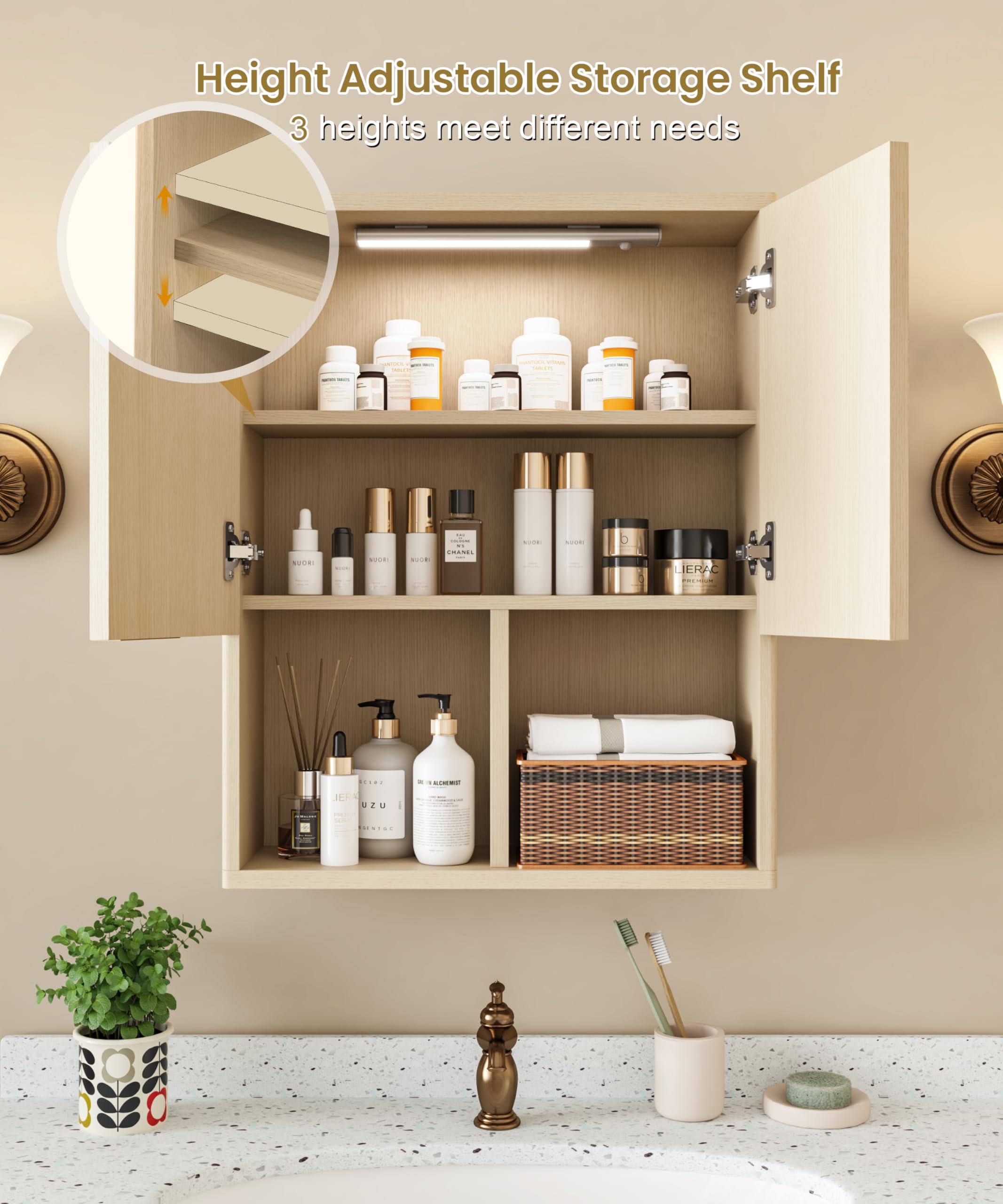 HAIOOU Fluted Bathroom Wall Cabinet with Motion Sensor Light, Curved Profile Wooden Medicine Cabinet Wall Mounted Cupboard, Wave Like Over Toilet Storage Cabinet with Buffering Hinges - Natural - Image 5