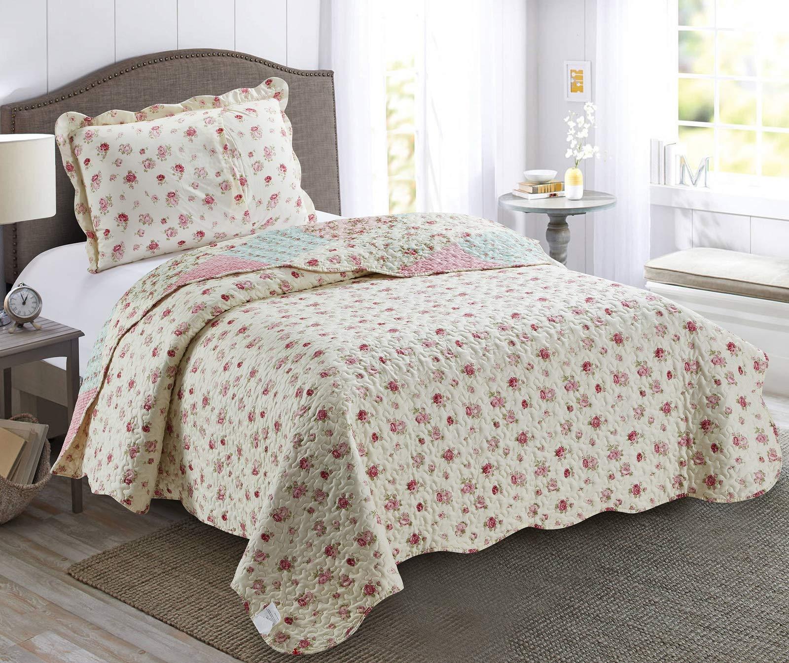Brilliant Sunshine Roses Quilt Set, 2-Piece Bedding Sets with 1 Sham, Patchwork Design, Washable and Reversible Bedspread, Soft Lightweight Coverlet, All-Season, Twin/Twin XL, Pink Green - Image 2