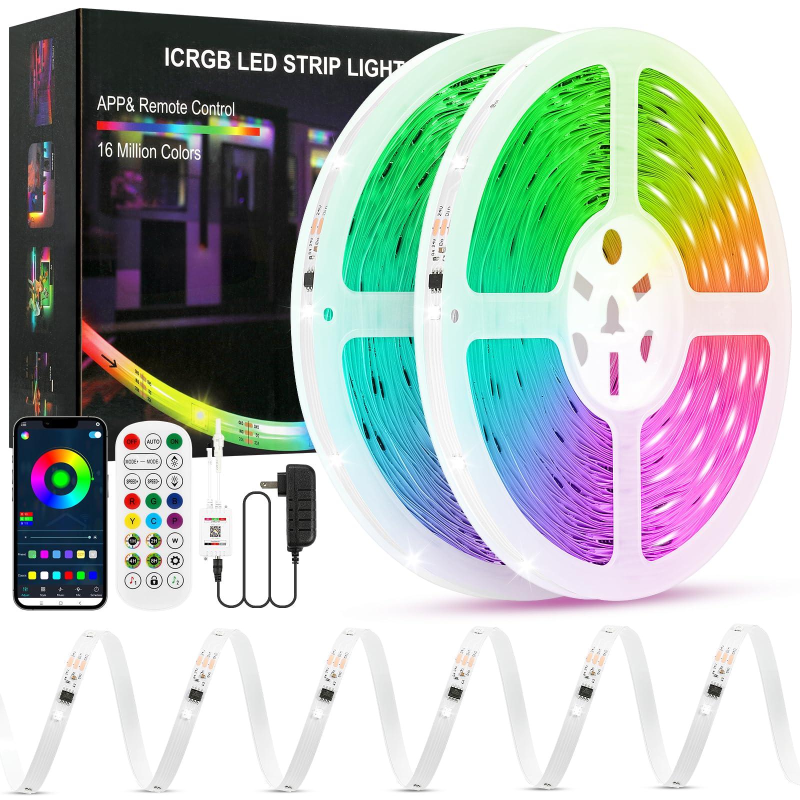 ERBTY Led Lights for Bedroom, IC+RGB 65.6FT Strip Lights, 24Key Remote with App Control, Music Sync Color Changing for Room Decor Party