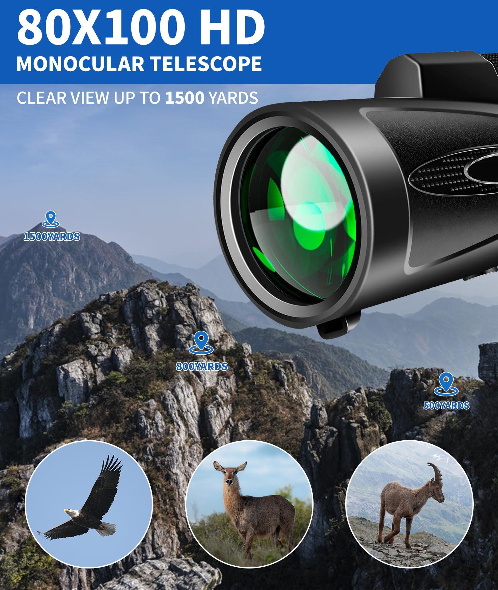 Monocular Telescope 80x100 High Power with Smartphone Adapter Tripod,Larger Vision Monoculars for Adults with BAK4 Prism & FMC Lens, Suitable for Bird Watching Hunting Hiking Camping Wildlife-Black - Image 6