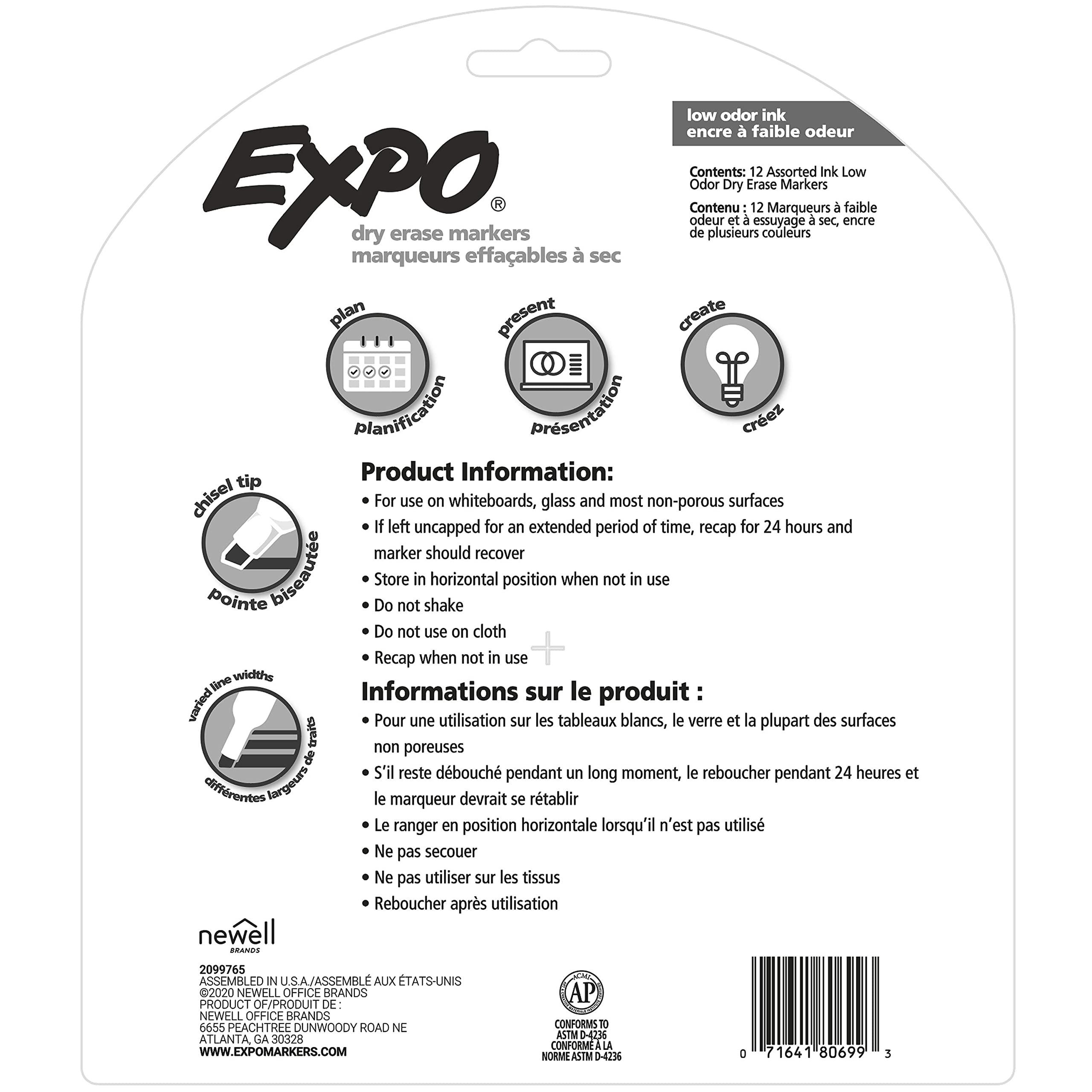 EXPO Low Odor Dry Erase Markers Chisel Tip Assorted Colors 12 Count - Image 8