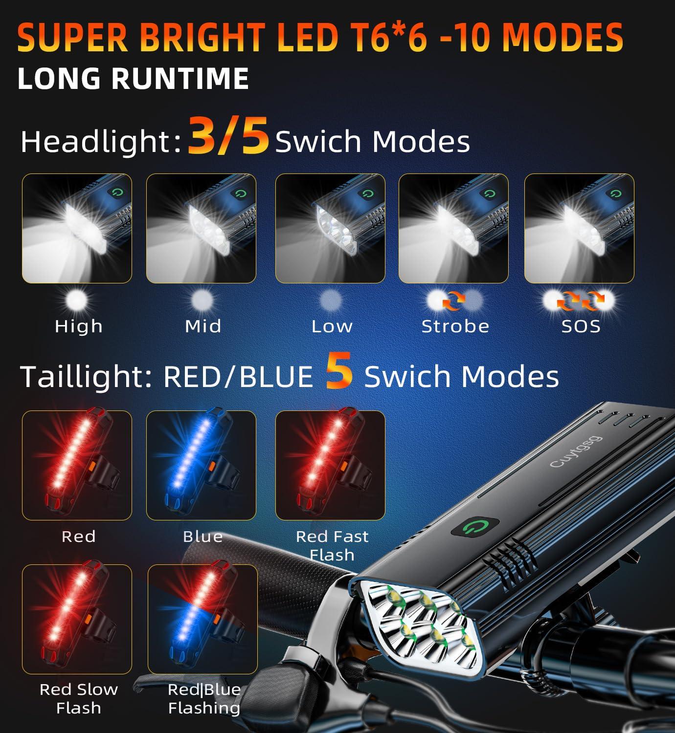2025 New Super Bright Bike Lights for Night Riding,Aluminum 360°Rotatable 6 LED Bike Headlight,Bicycle Light Taillight-10 Modes,Runtime 48+ hrs,Waterproof Safety Light USB Rechargeable - Image 3
