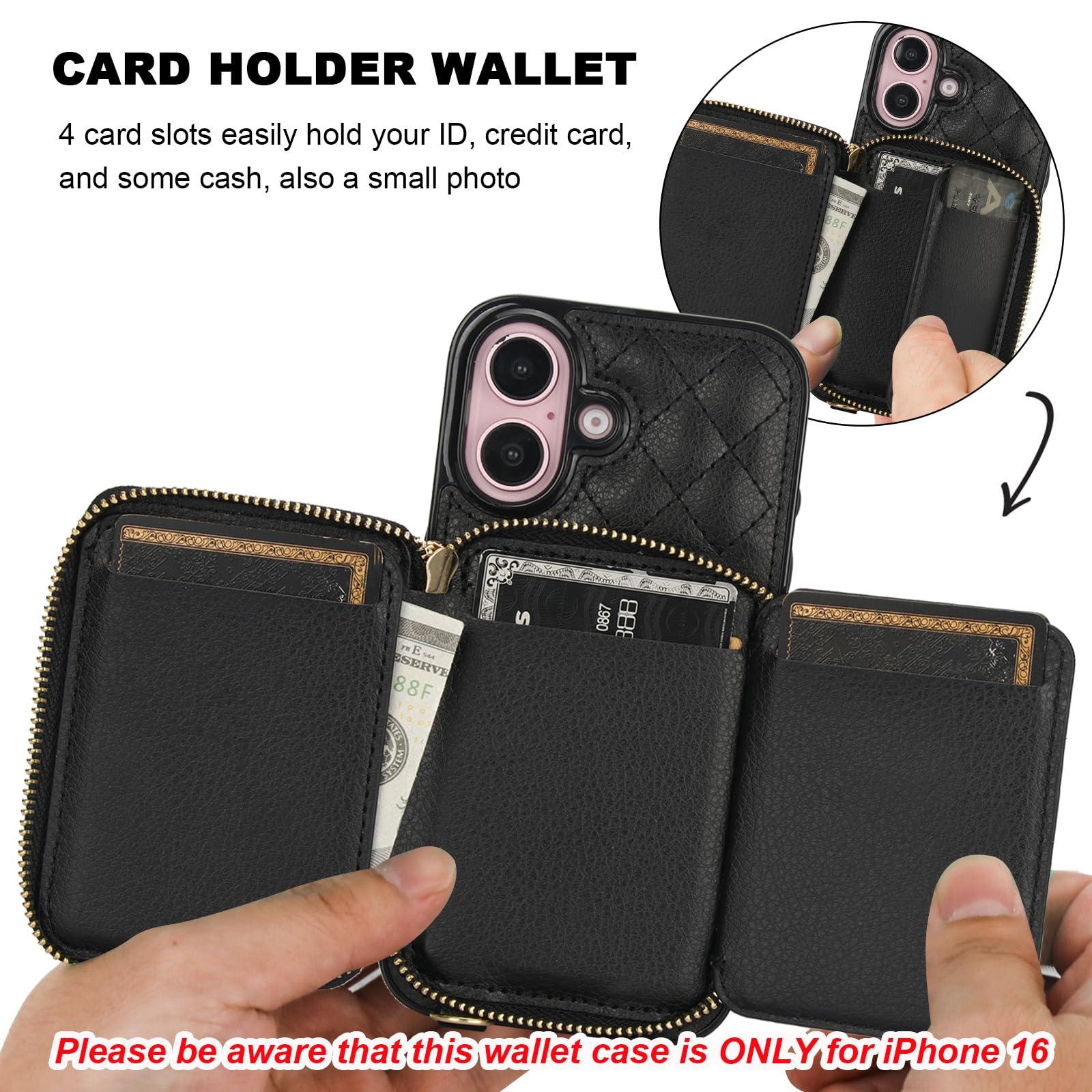 Bocasal Crossbody Wallet Case for iPhone 16, RFID Blocking PU Leather Zipper Handbag Purse Flip Cover, Kickstand Folio Case with Card Slots Holder Wrist Strap Lanyard 5G 6.1 Inch (Black) - Image 4