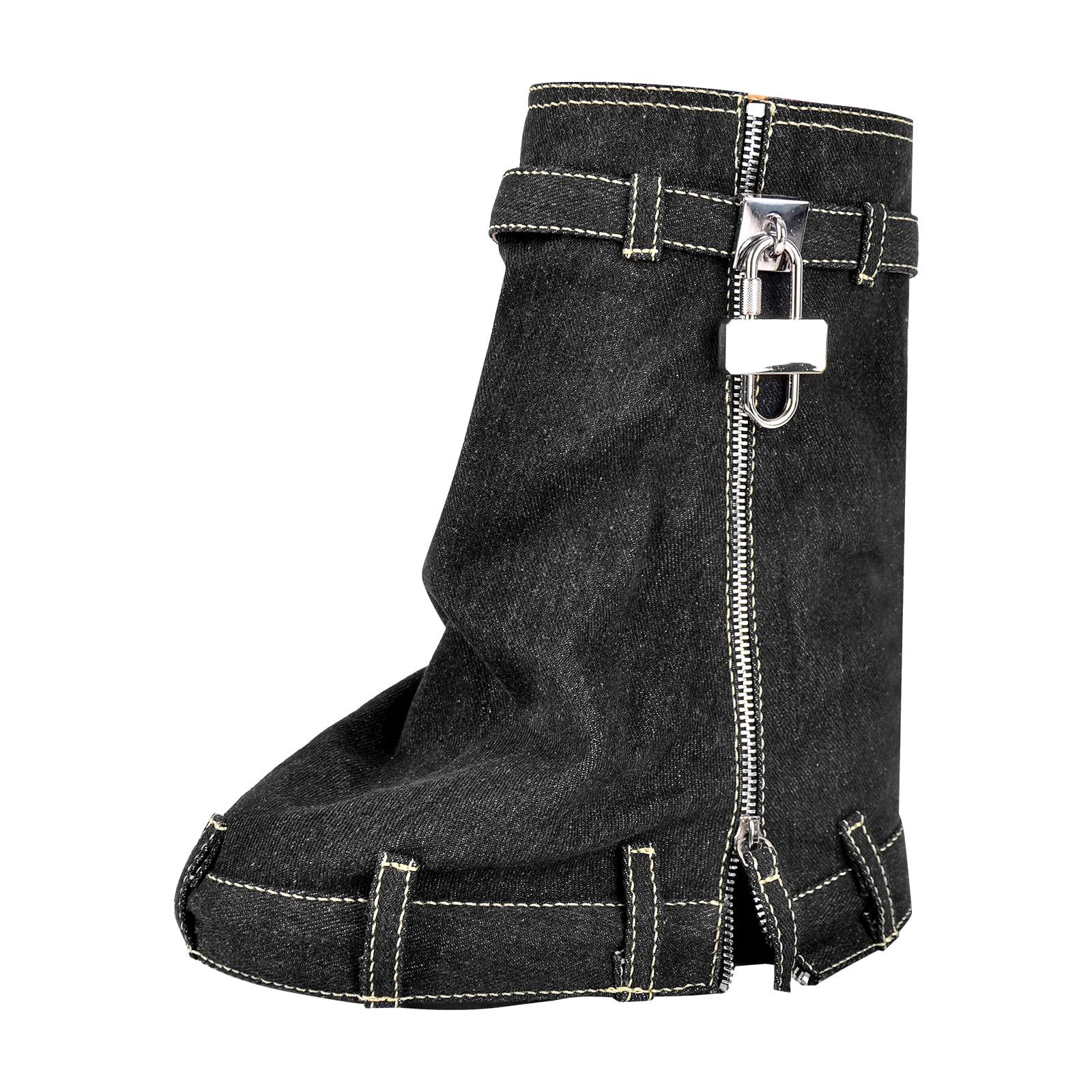 onlymaker Padlock and Zippers Fold Over Platform Calf High Boots side Zippers Denim Boots Black Size 10 - Image 6