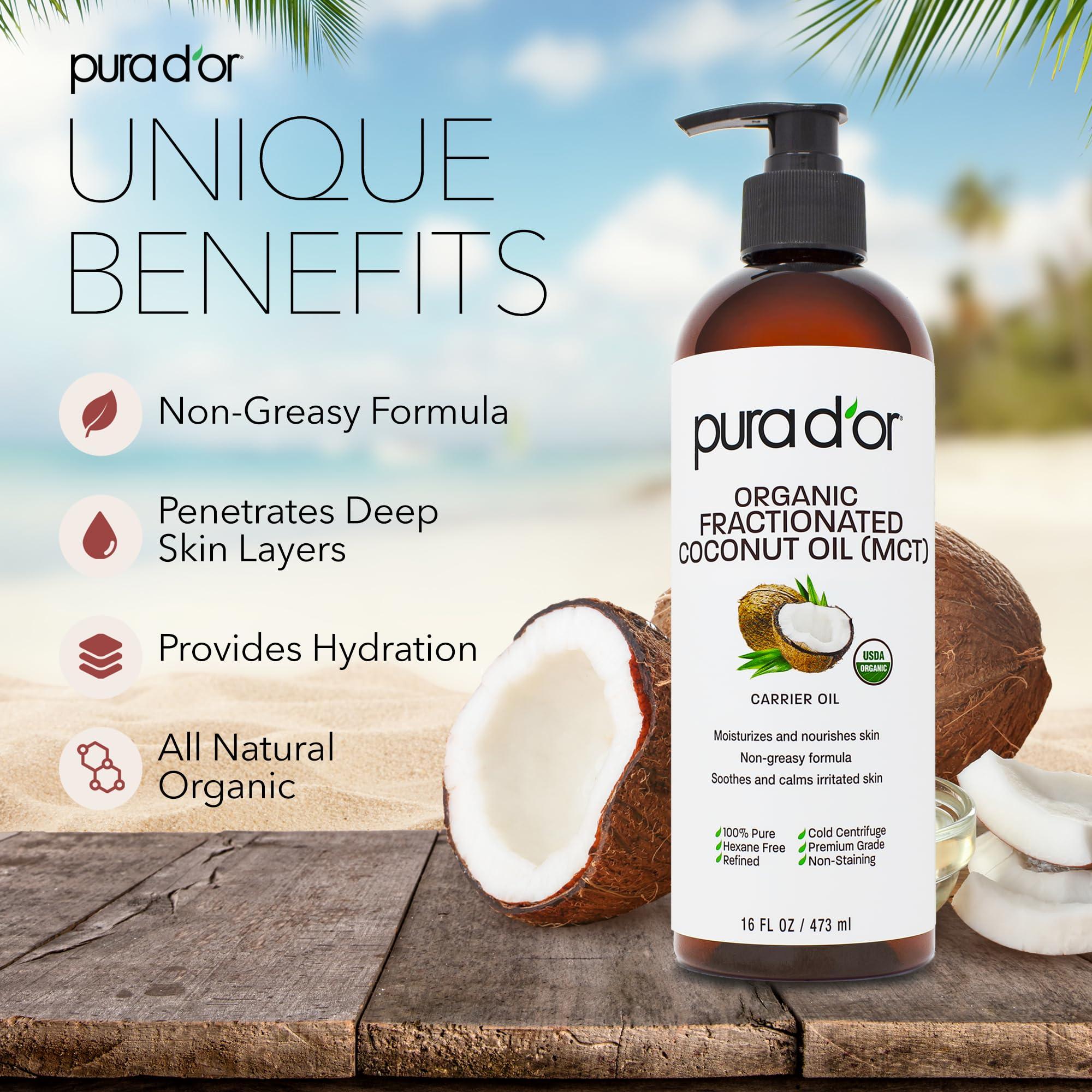 PURA D'OR 16 Oz ORGANIC Fractionated Coconut Oil - MCT Oil - 100% Pure & Natural USDA Certified Cold Pressed Carrier Oil - Unscented, Hexane Free Moisturizer For Face, Skin & Hair Tonic - Men & Women - Image 2