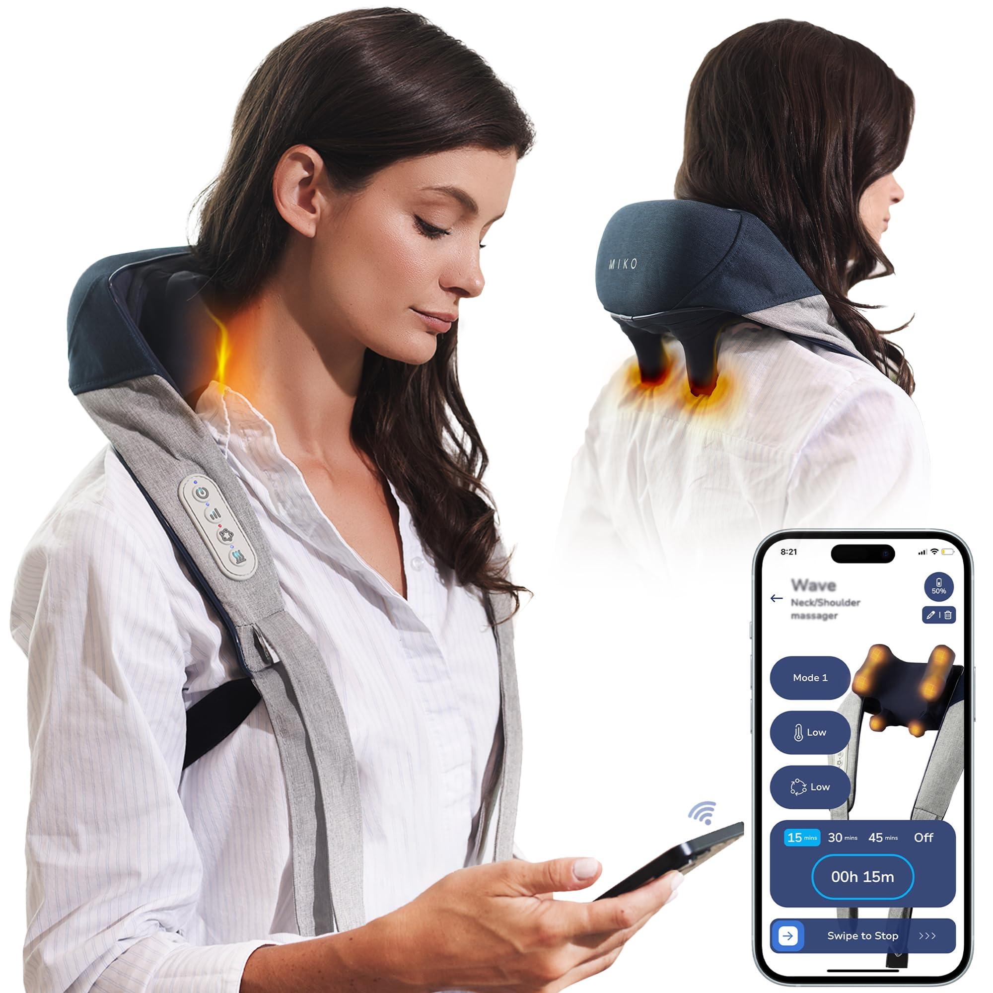 MIKO Shiatsu Neck Massager with Heat for Deep Tissue Pain Relief, Premium App-Controlled Cordless Massage, Fits Neck Size 11-15 Inches