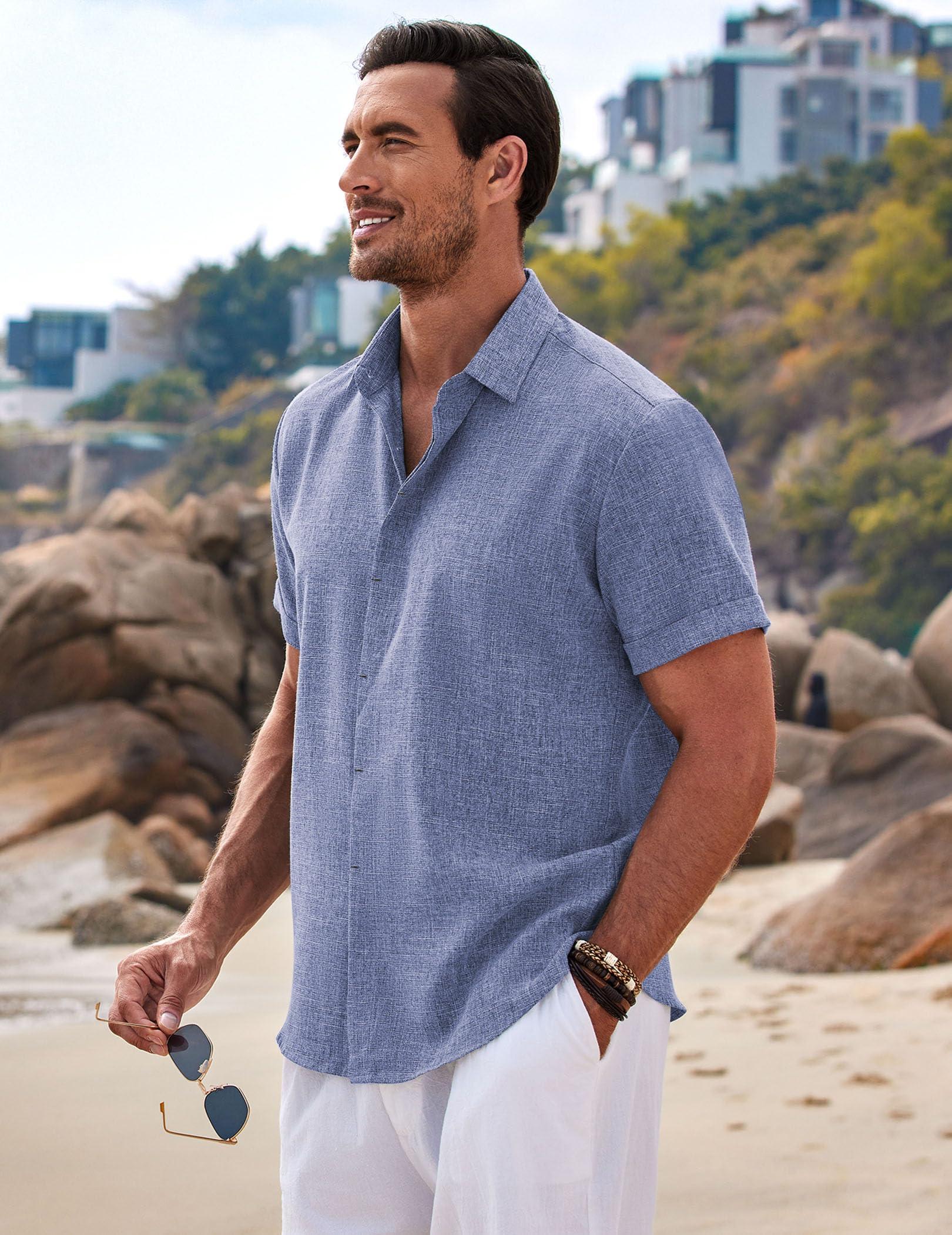 COOFANDY Men's Linen Shirts Short Sleeve Casual Shirts Button Down Shirt for Men Beach Summer Wedding Shirt - Image 3