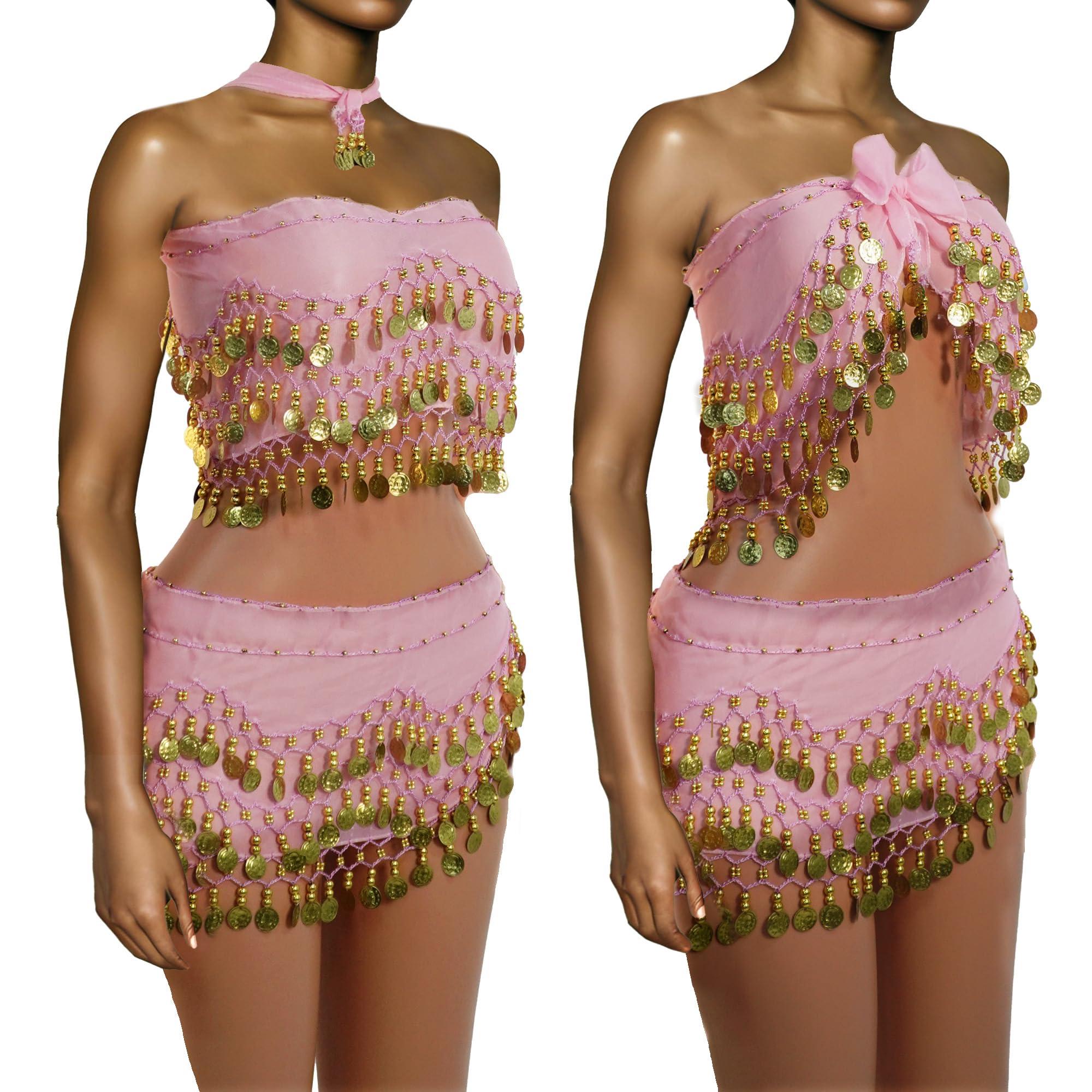 Baisdan Belly Dance Hip Scarf 2 Piece, Belly Dance Skirt and Top Set, Dancing Coin Skirts for Women, Halloween Costume, 2Pack - Image 8