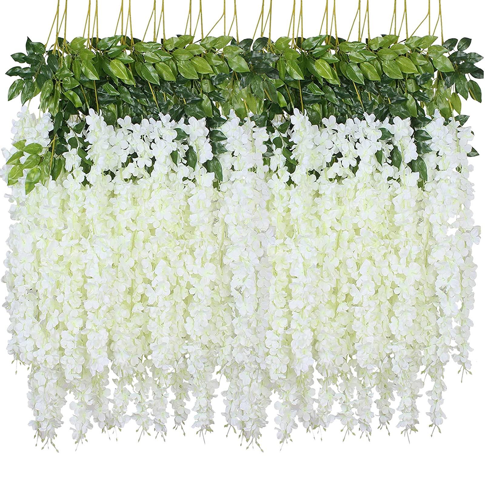 WEISPARK Fake Hanging Flowers - 12 Pieces 3.75 Feet/Piece Artificial Wisteria Vine Ratta Hanging Garland Silk Flowers for Home Party Wedding Decor (White)