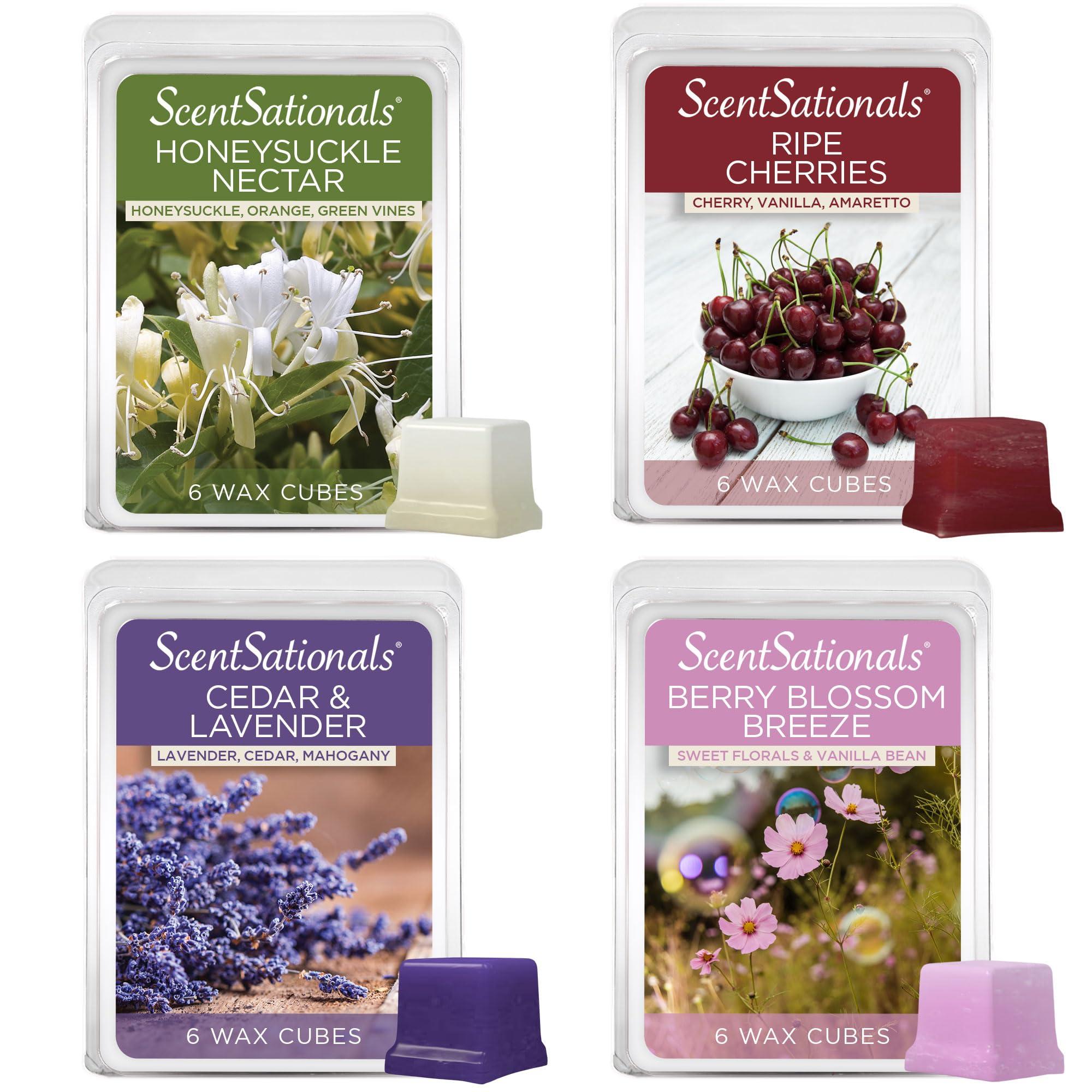 ScentSationals Wax Melts Down to Earth 4pk – Long Lasting Wax Cubes with Strong Scent for Warmers, Includes Cedar & Lavender, Honeysuckle Nectar, Berry Blossom Breeze & Ripe Cherries – 10oz (24-Cubes)
