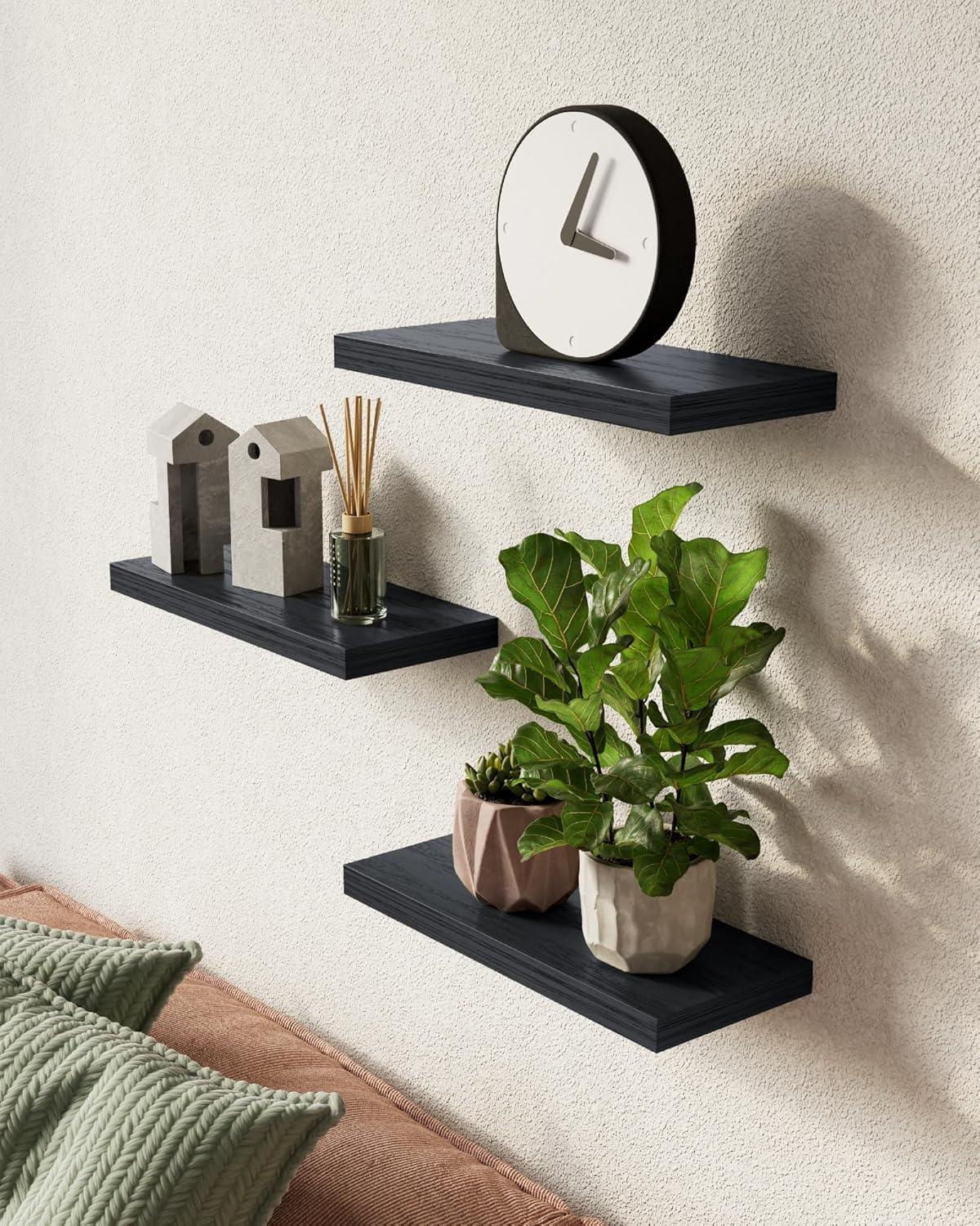 BAYKA Floating Shelves for Wall, Wall Mounted Rustic Wood Shelves for Bathroom, Bedroom, Living Room, Kitchen, Hanging Shelf for Books/Storage/Room Decor with 22lbs Capacity (Black, Set of 3, 15.7in) - Image 2