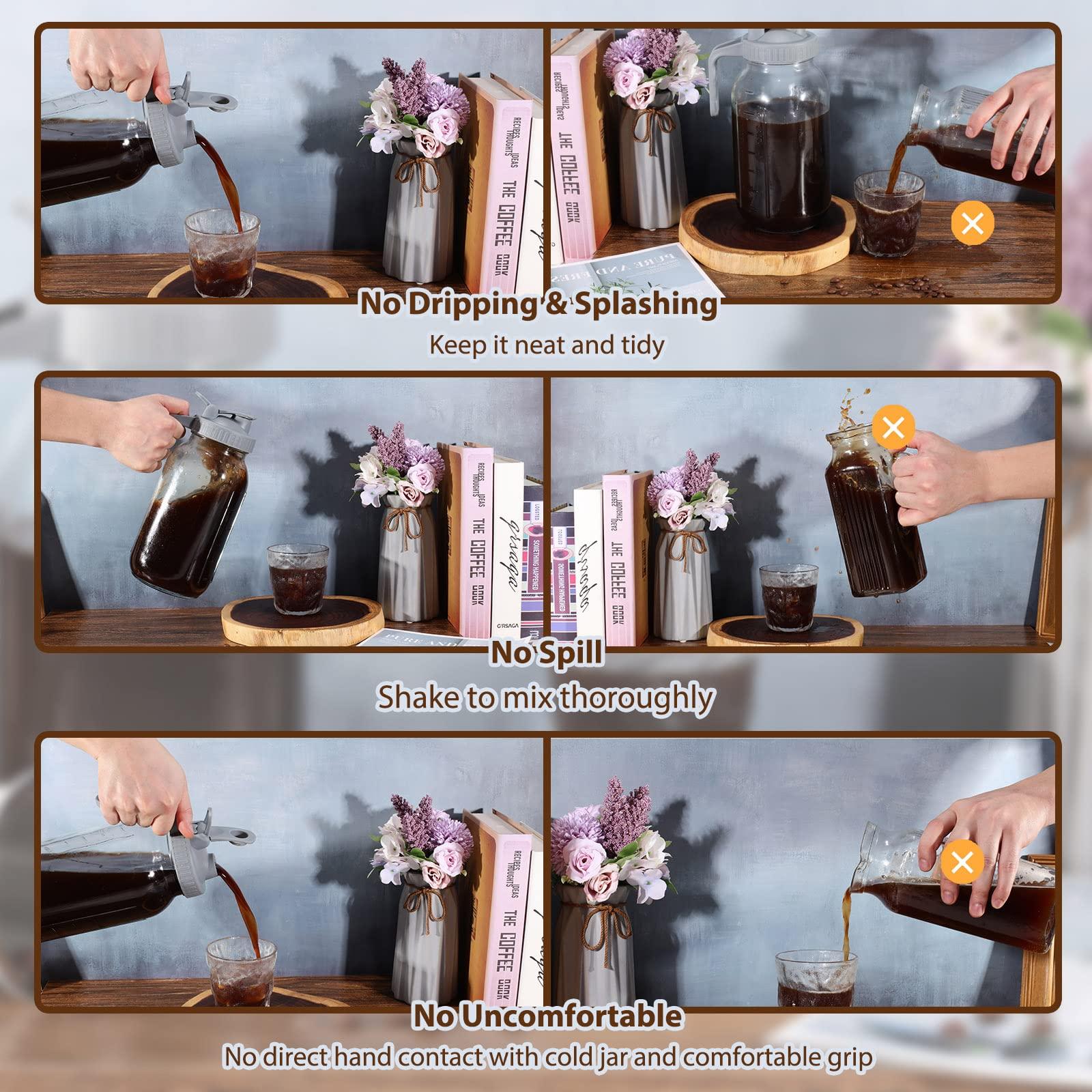 Cold Brew Coffee Maker Pitcher, 64 Oz Heavy Duty Wide Mouth Glass Mason Jar pour spout Lid with Stainless Steel Filter for Iced Coffee, Ice Lemonade, Fruit Drinks, Sun Tea - Image 4
