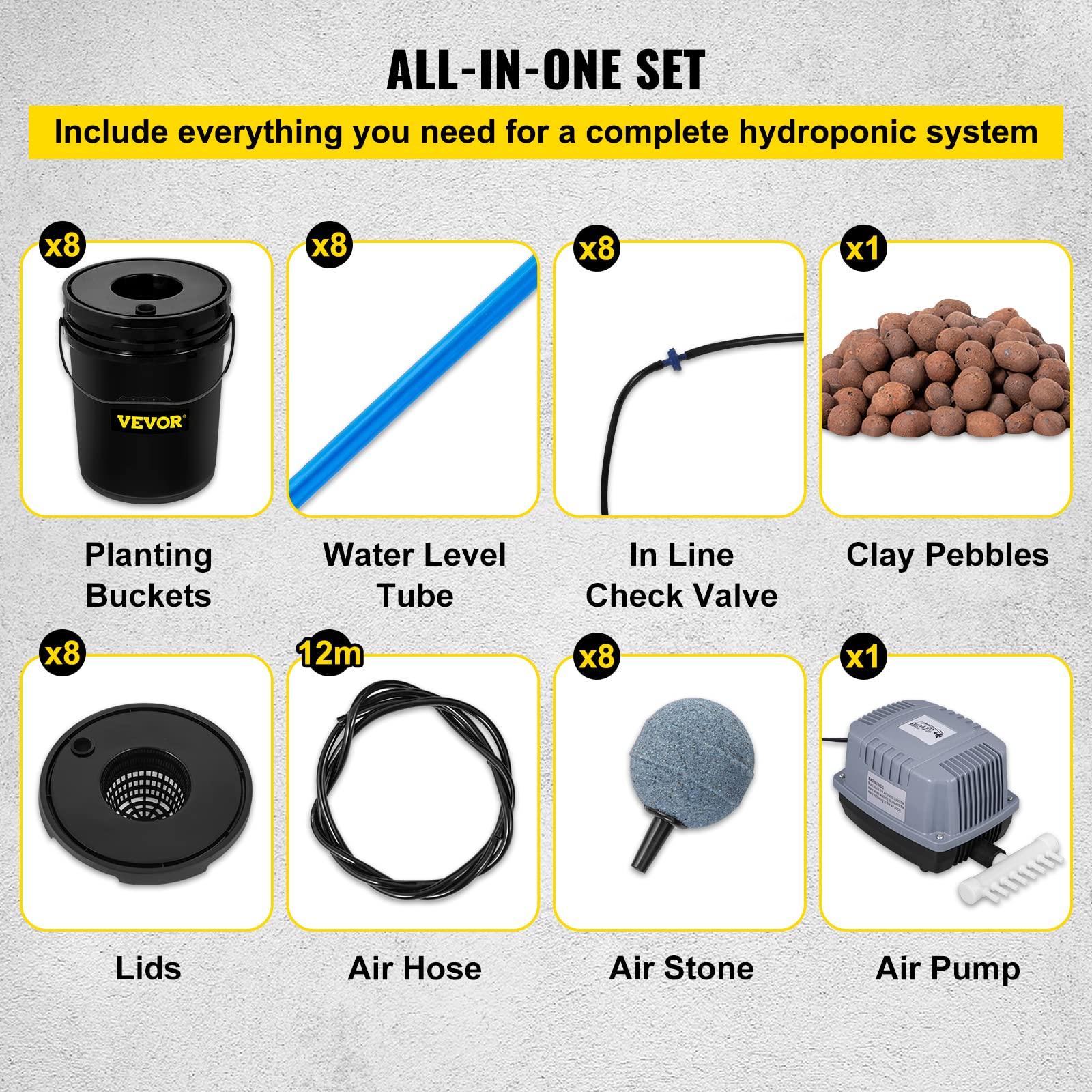 VEVOR DWC Hydroponic System, 5 Gallon 8 Buckets, Deep Water Culture Growing Bucket, Hydroponics Grow Kit with Pump, Air Stone and Water Level Device, for Indoor/Outdoor Leafy Vegetables - Image 7