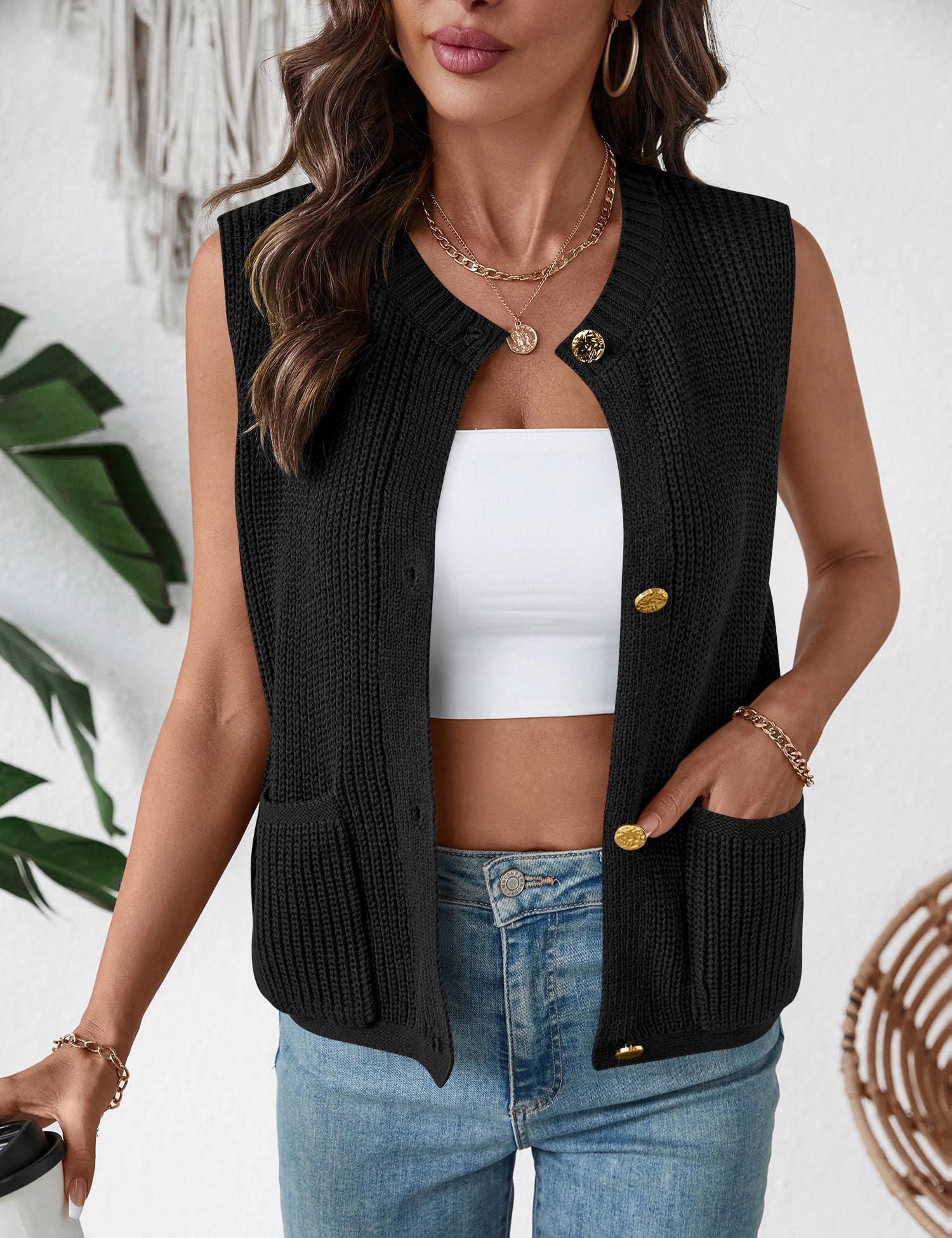 LUYAA Women Cardigan Vest Knit Button Round Neck Cardigan Tank Shirt Top Spring Summer Trendy Outfits Black M - Image 2
