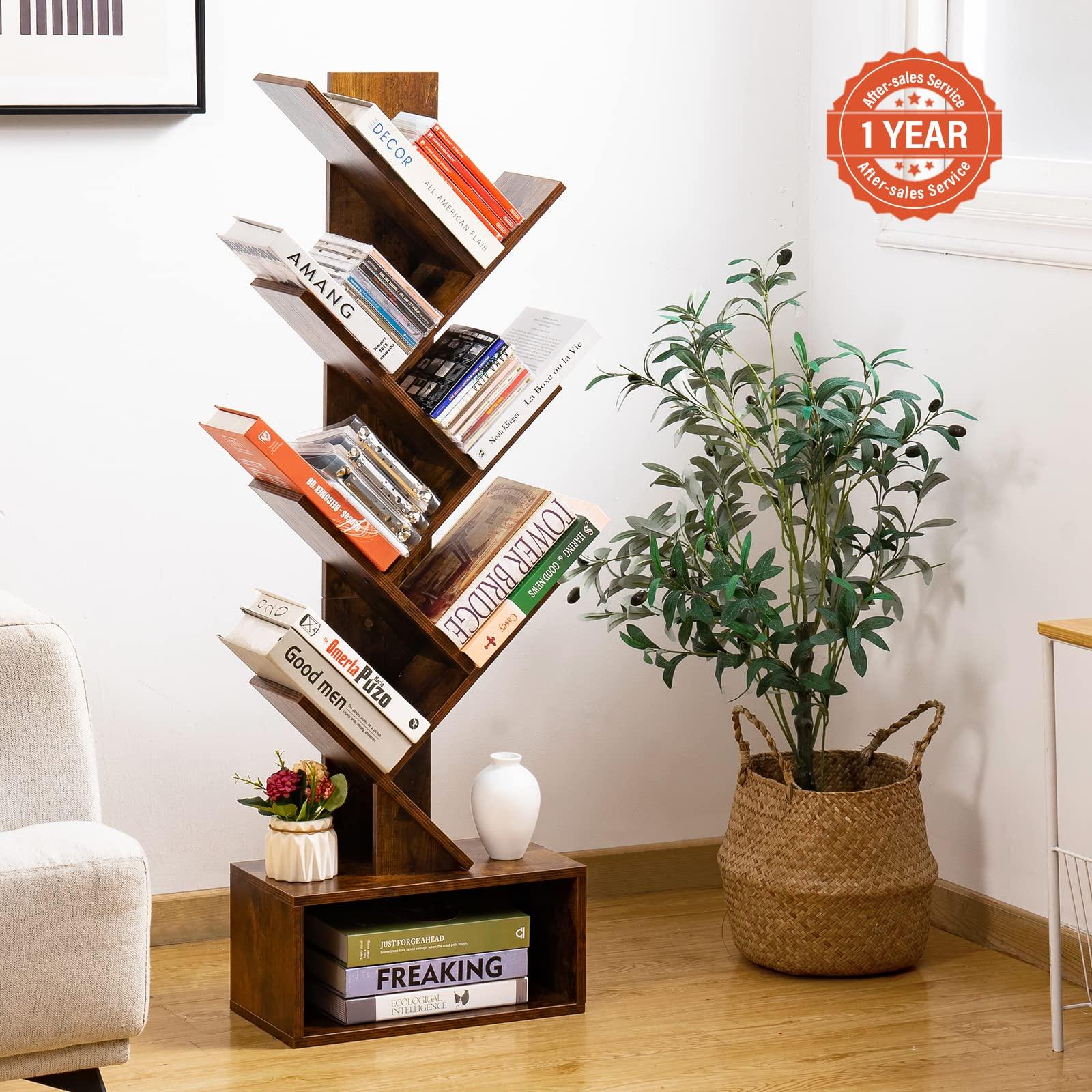 Yoobure Tree Bookshelf - 6 Shelf Retro Floor Standing Bookcase, Tall Wood Book Storage Rack for CDs/Movies/Books, Utility Organizer Shelves Bedroom, Living Room, Home Office, Rustic Brown - Image 2
