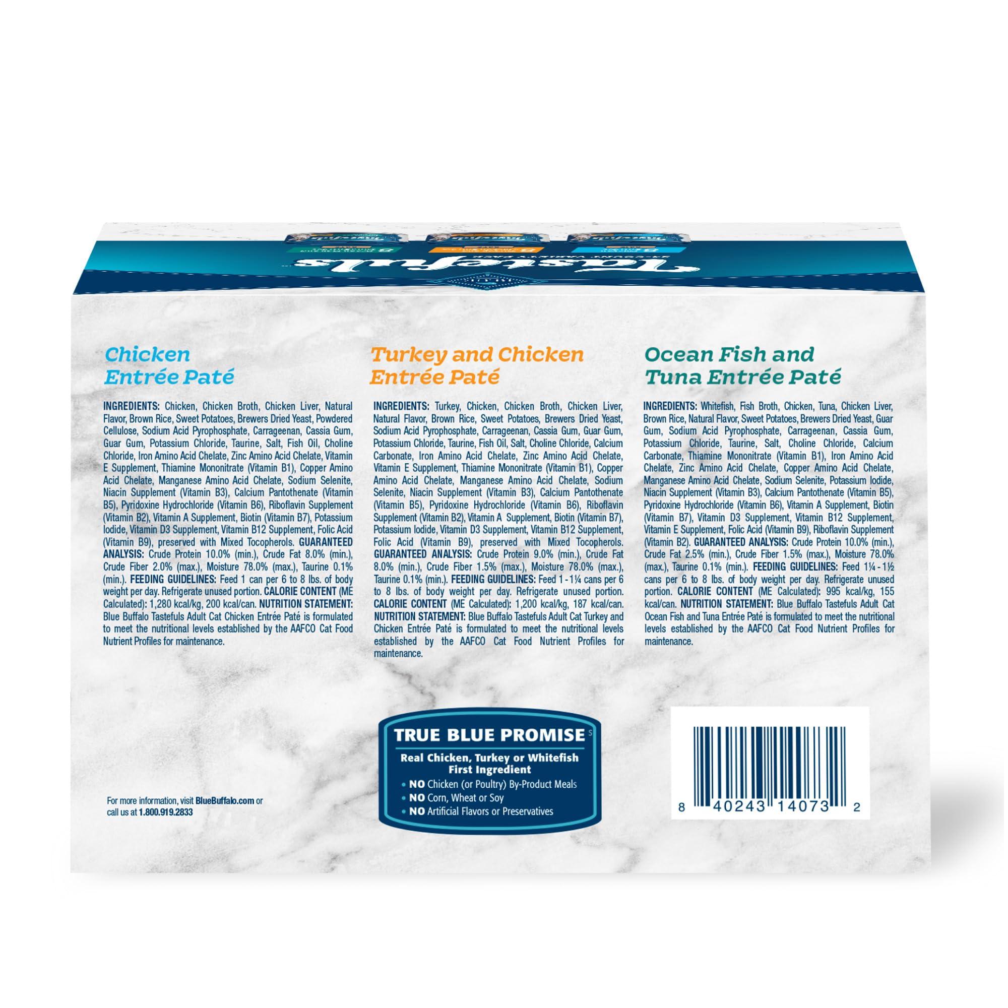 Blue Buffalo Tastefuls Wet Cat Food Paté Variety Pack, Made with Natural Ingredients, Chicken, Turkey & Chicken, Ocean Fish & Tuna Entrées, 5.5-oz Cans (24 Count, 8 of Each) - Image 2
