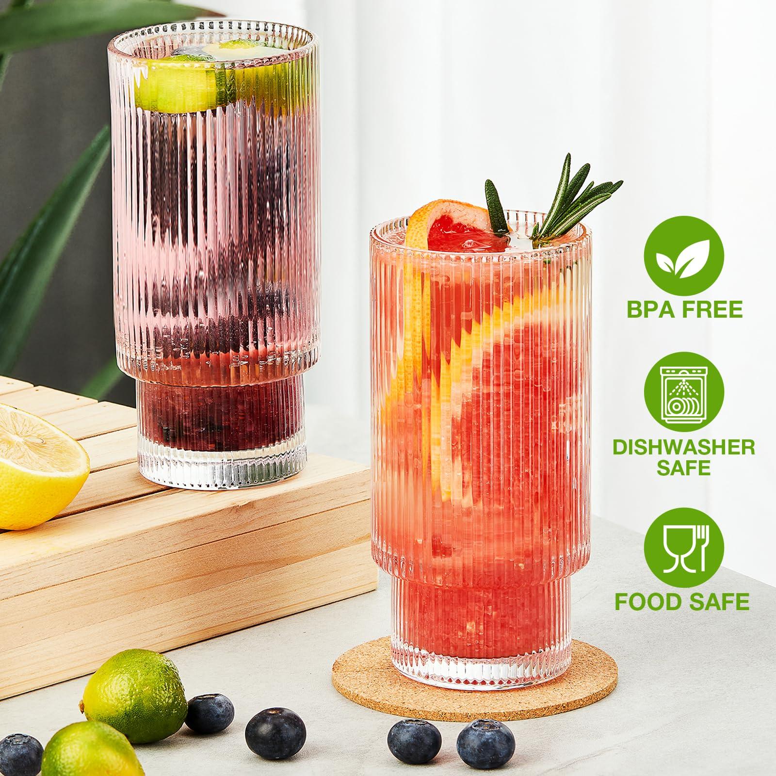 Qipecedm 6 Pack Ribbed Drinking Glasses, 16 oz Vintage Glass Cups, Highball Glasses, Premium Iced Coffee Glasses, Clear Glass Tumbler, Cocktail Glasses, Elegant Glassware for Water Juice Whiskey Beer - Image 4