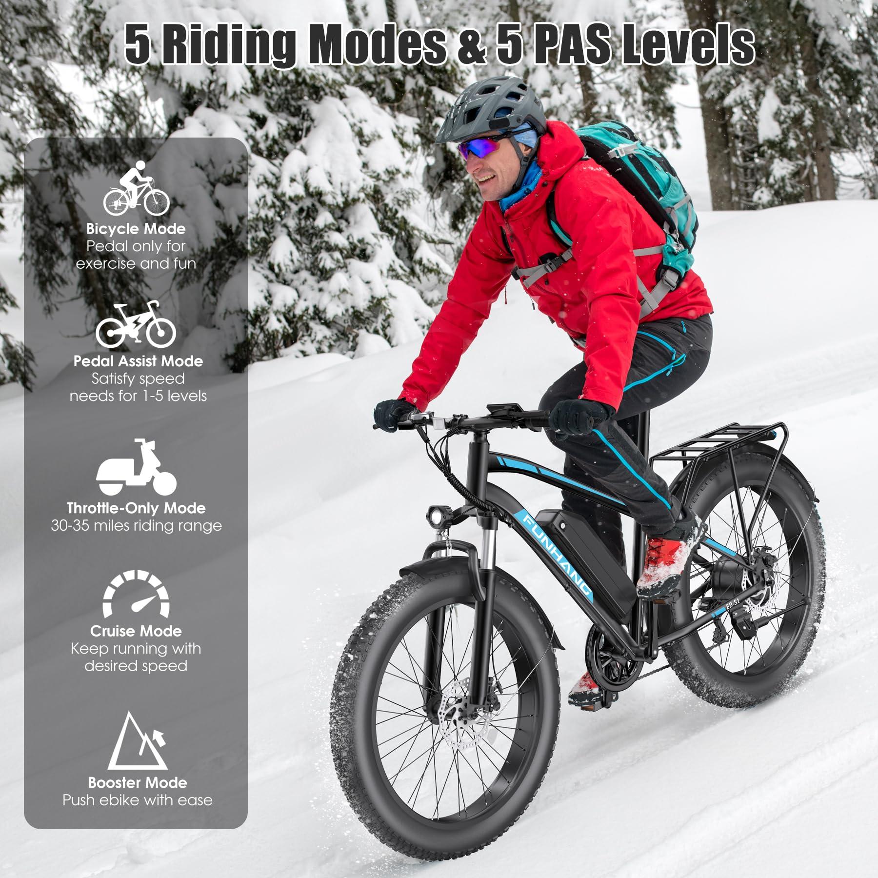Funhang Electric Bike for Adults, Peak 1000W Ebike, 25MPH 60Miles Electric Mountain Bike, 26" Fat Tire Adult Electric Bicycle with 48V 13AH Battery, Rear Rack, 7 Speed, Front Suspension, Turn Signal - Image 6