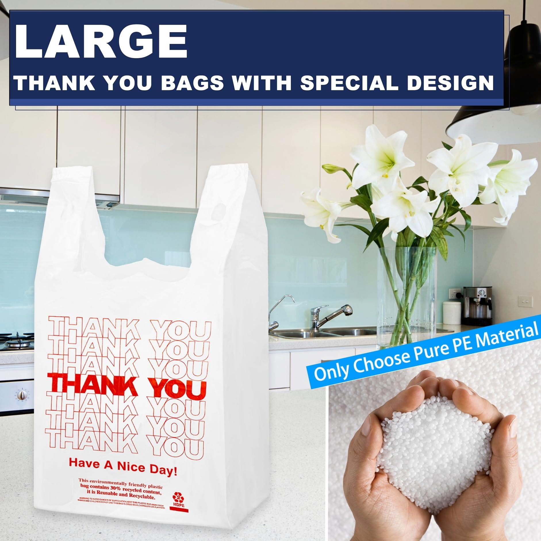 YoYoRain White Thank you T shirt bag, Grocery shopping bag Reusable and Disposable Supermarket Bag 11''x6''x21'' 100PCS - Image 3