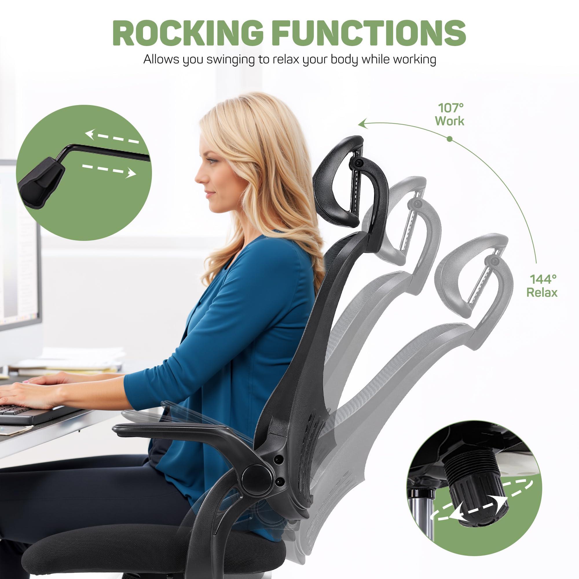 Ergonomic Office Chair, High-Back Computer Desk Mesh Swivel Task Chairs with Flip-up Armrest Adjustable Headrests, Comfortable Lumbar Support Rolling Wheels, for Home, Work, Study, Black - Image 5