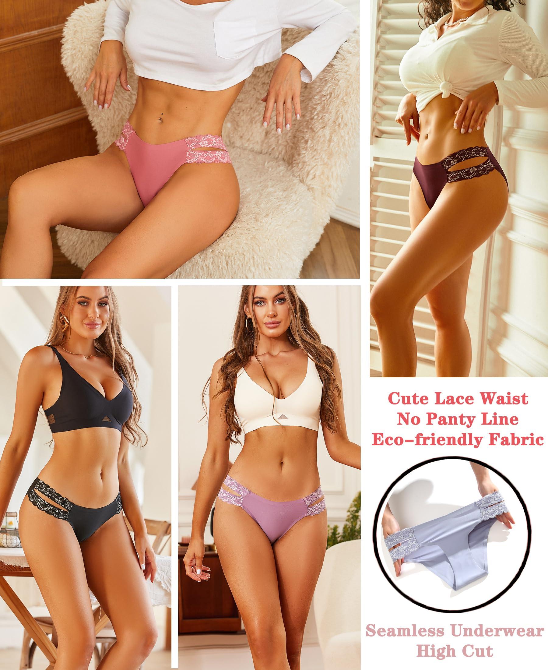 FINETOO Seamless Underwear for Women Cheeky Bikini Panties High Cut V-waist Lace Underwear Women Cute Bikinis 6 Pack - Image 2
