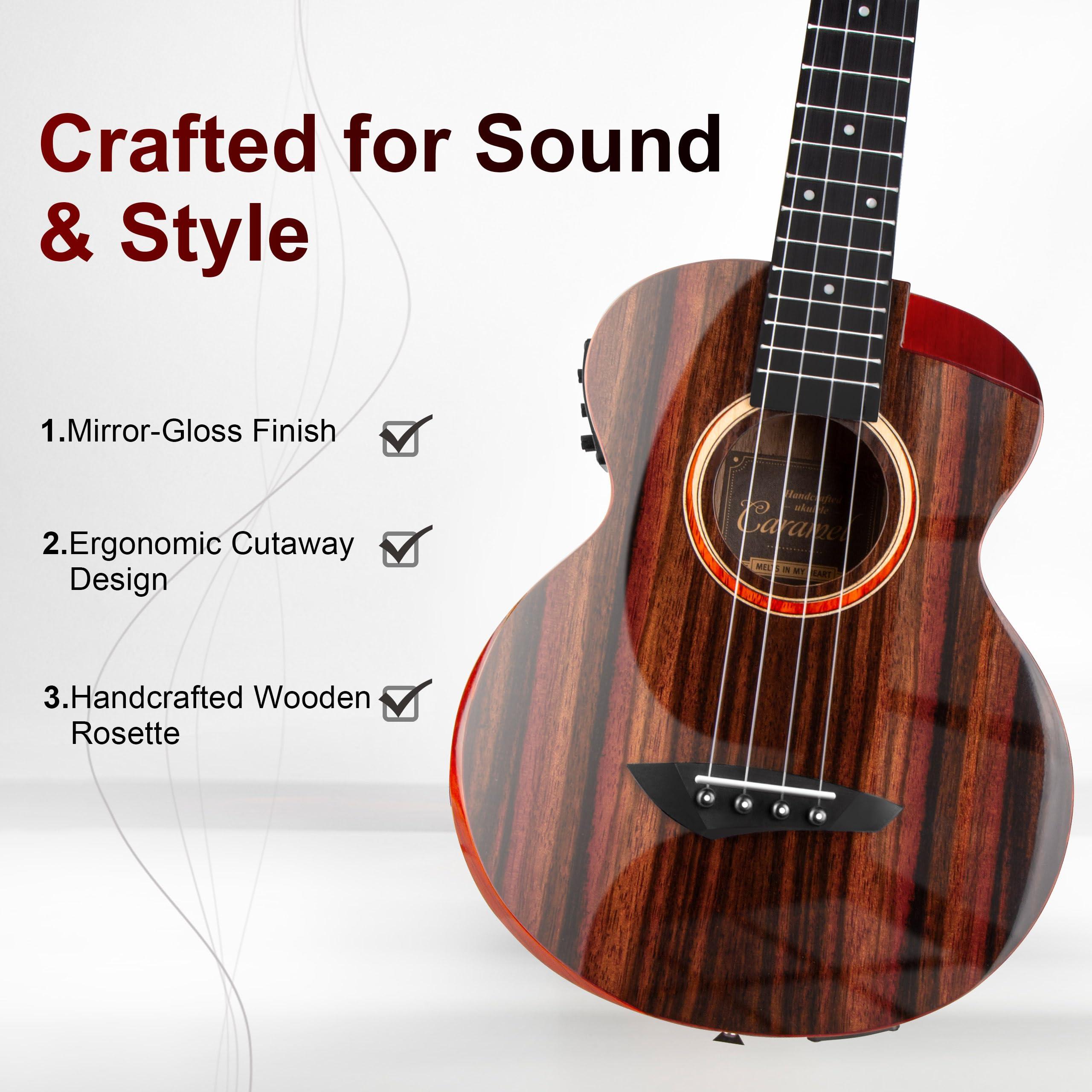 Caramel TEG91 Cuteway Ebony Glossy Tenor Acoustic & Electric Ukulele with Armrest | 26-inch Handmade Professional Ukelele Kit with Accessories - Image 2