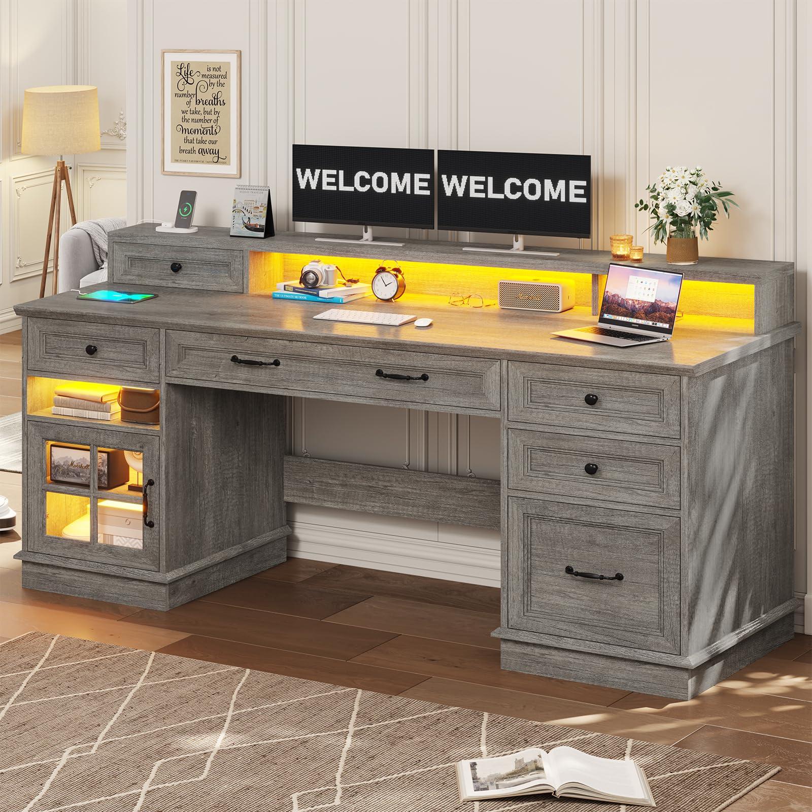 BTHFST Farmhouse Executive Desk with File Drawer, Computer Desk with Charging Station & LED Lights, Home Office Desk with Drawers & Storage Cabinet, Executive Office Desk with Monitor Stand, Grey - Image 7