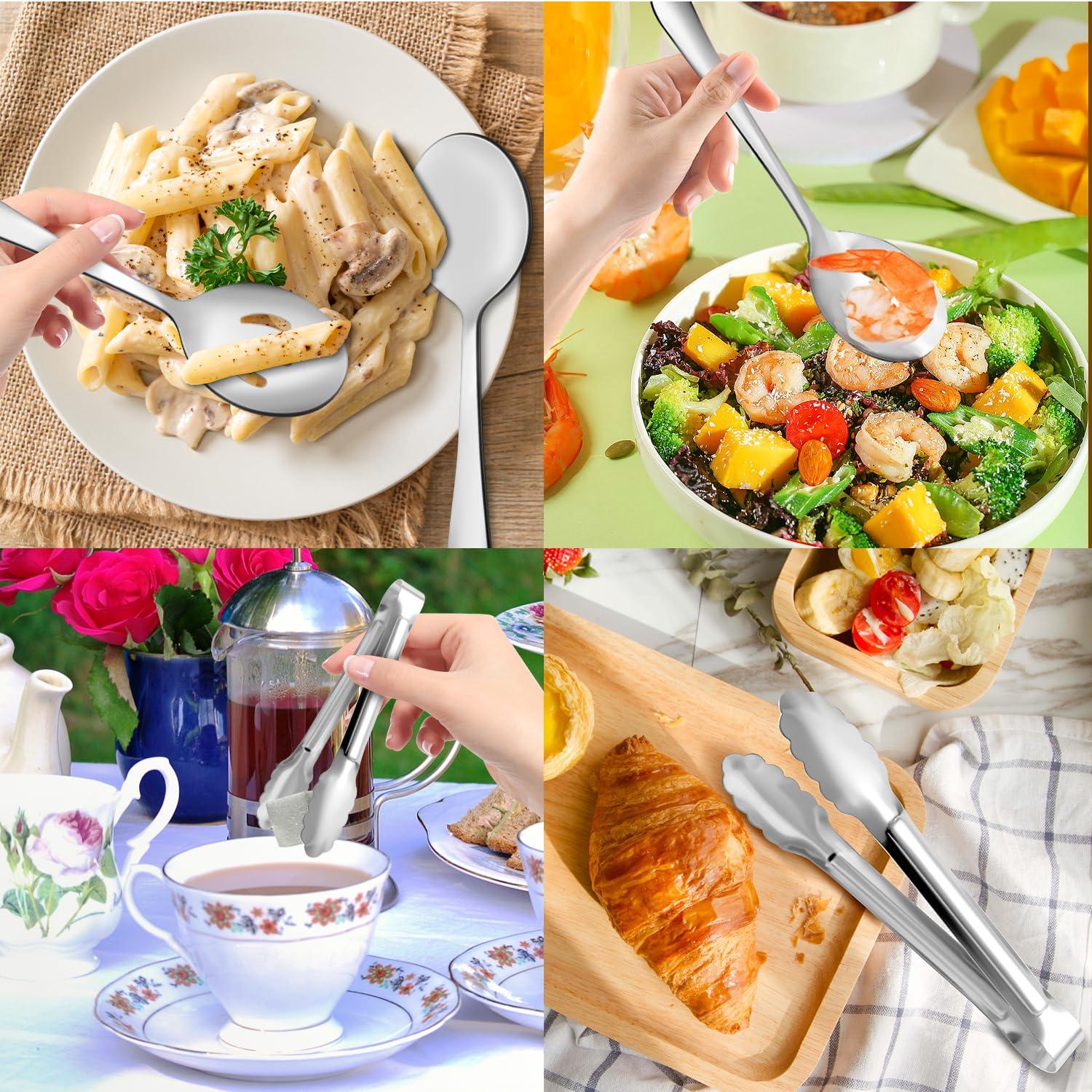 12PCS Stainless Steel Serving Utensils Sets - Large Serving Spoons,Slotted Spoons,Serving Tongs,Appetizer Tongs,Utensills Sets for Buffet Catering Banquet Party (Silver) - Image 5