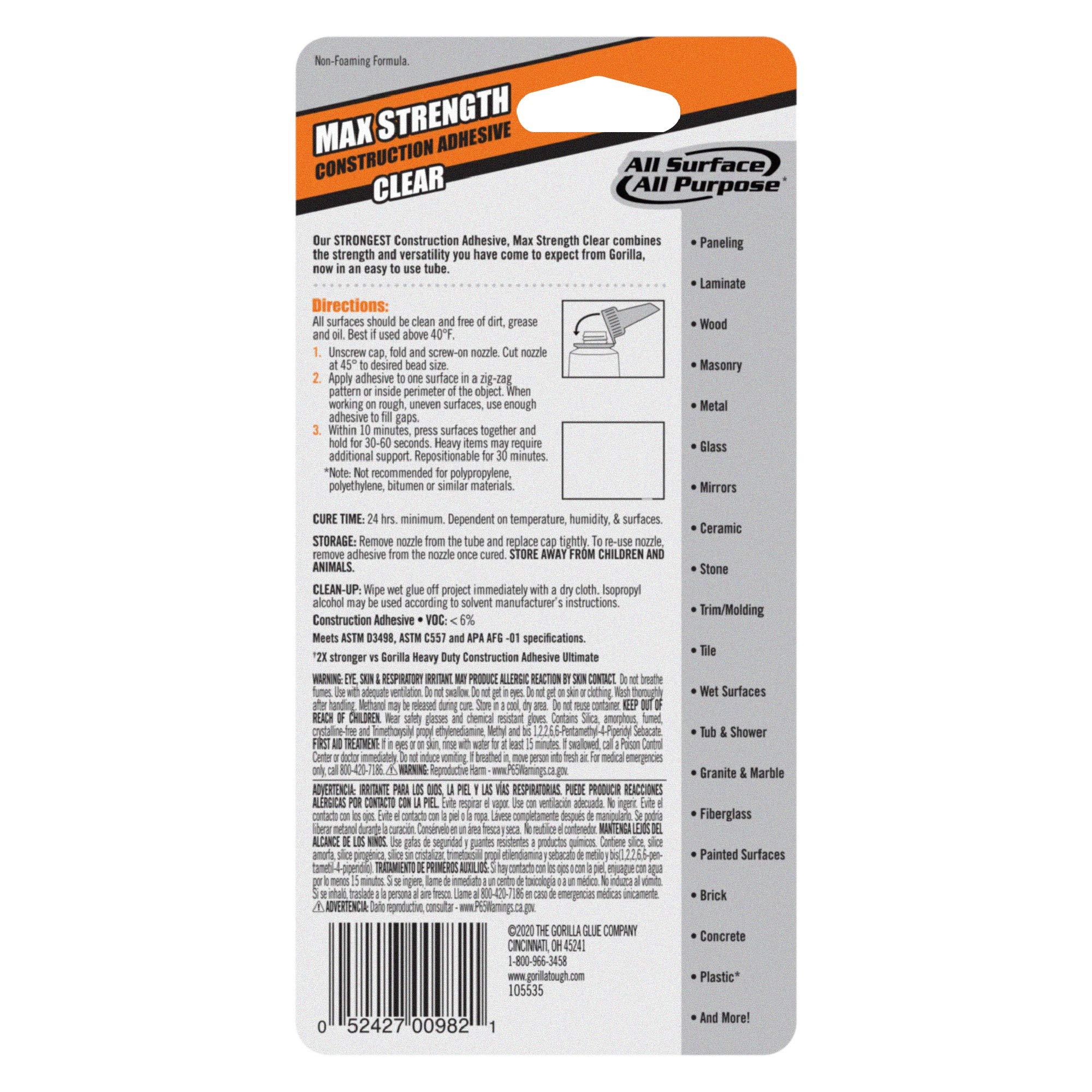 Gorilla Max Strength Construction Adhesive, Clear Glue, 2.5 Ounce Squeeze Tube (Pack of 1) - Gap Filling and Waterproof - Image 3