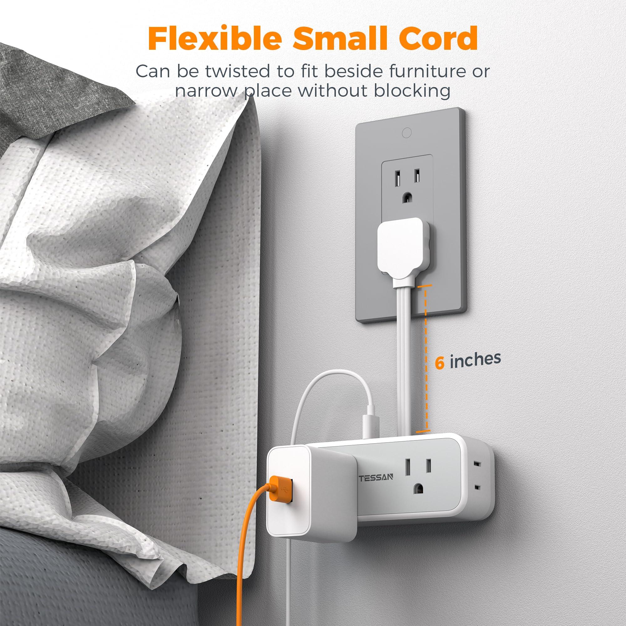 Multi Plug Wall Outlet Extender, TESSAN 6 inch Short Extension Cord, Flat Plug Splitter with 4 AC 3 USB (1 USB C) Charging Ports, Multiple Outlet Small Power Strip for Home Office Dorm Room - Image 2