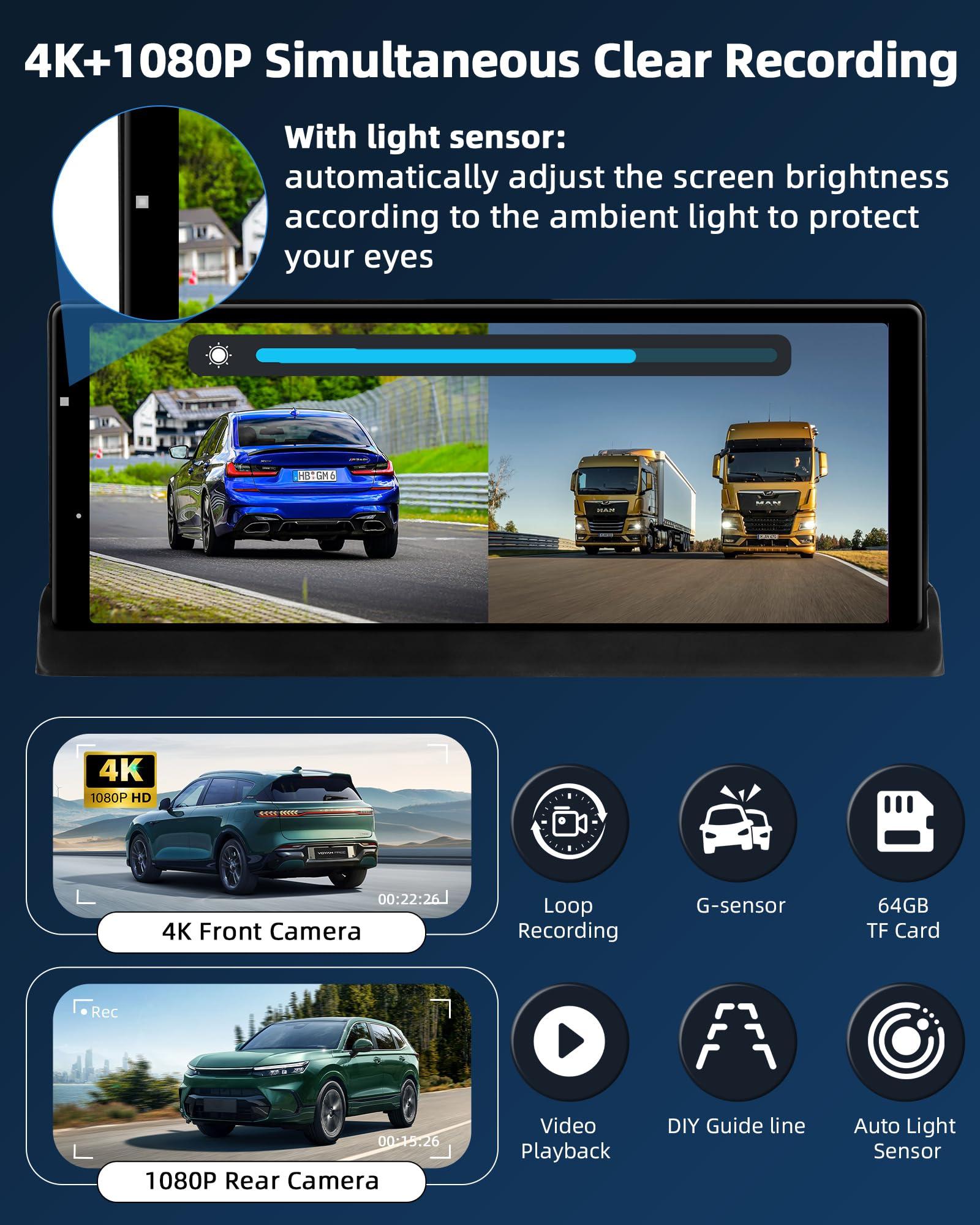 【350° Rotatable Lens】10.26''Wireless Apple CarPlay Screen for Car & 4K Dash Cam Portable Android Auto Car Stereo, Car Audio Receivers 1080P Backup Camera, Bluetooth/GPS Navigation/AirPlay/Googel/Siri - Image 4