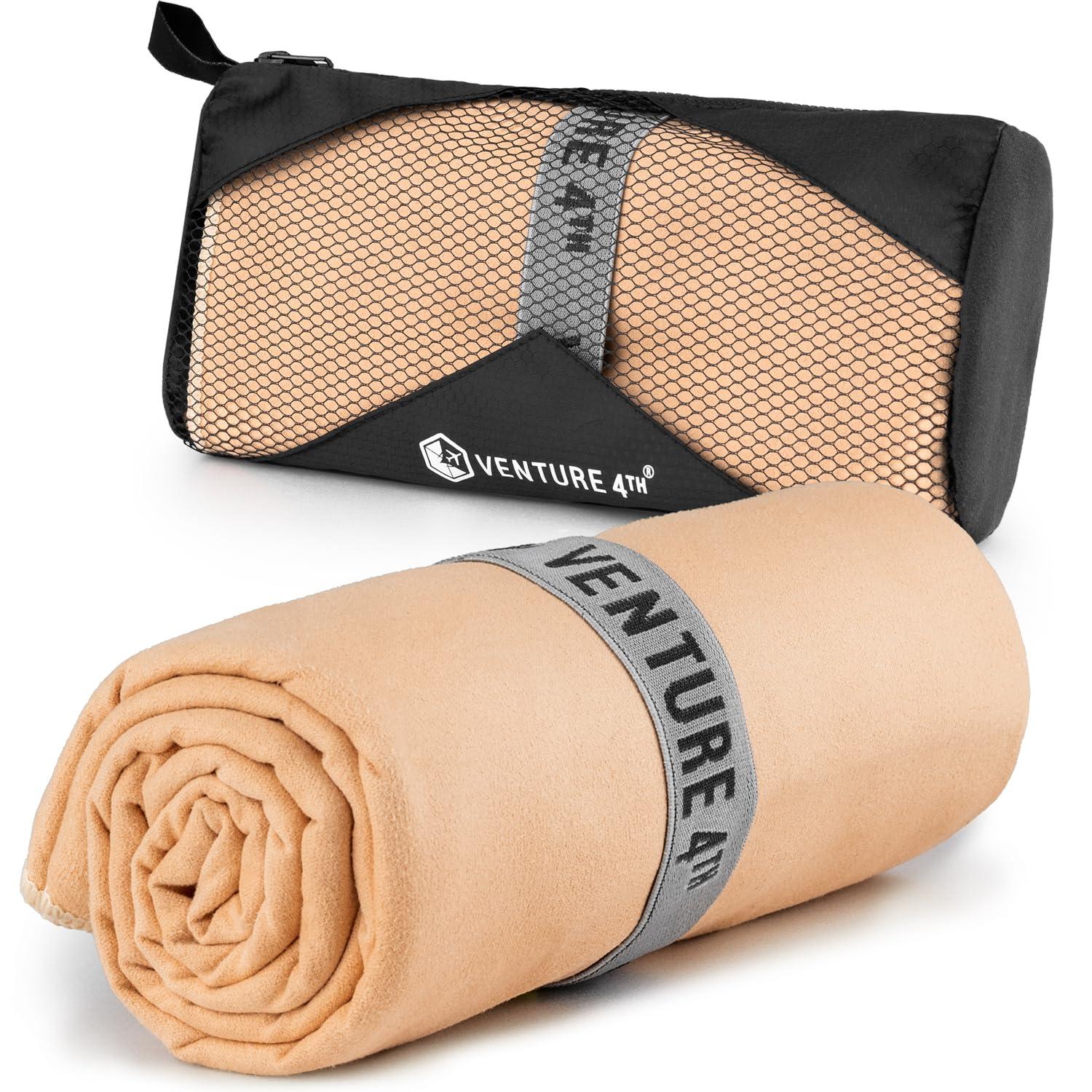 VENTURE 4TH Quick Dry Towel. Microfiber Travel Towel Ideal for Camping, Hiking, Backpacking, Gym. Lightweight & Fast Drying Travel Towels for Body. Compact & Easy to Pack - Beige Large