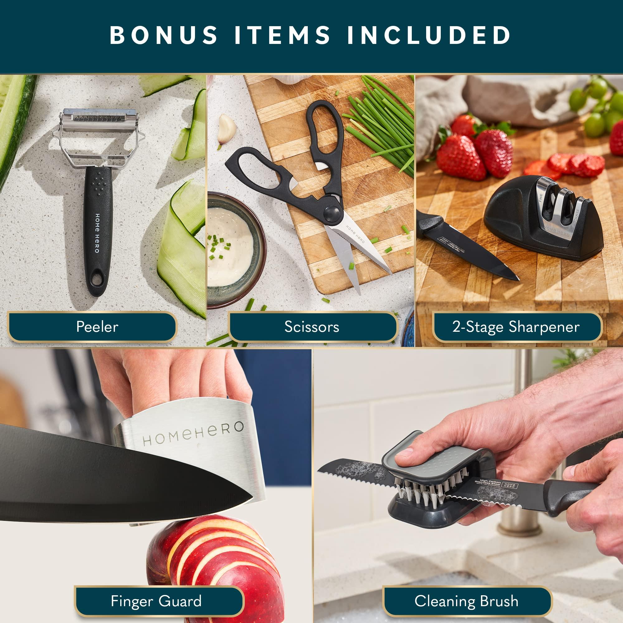 Home Hero Kitchen Knife Set with Sharpener - High Carbon Stainless Steel Knife Block Set with Ergonomic Handles (20 Pcs - Black) - Image 7