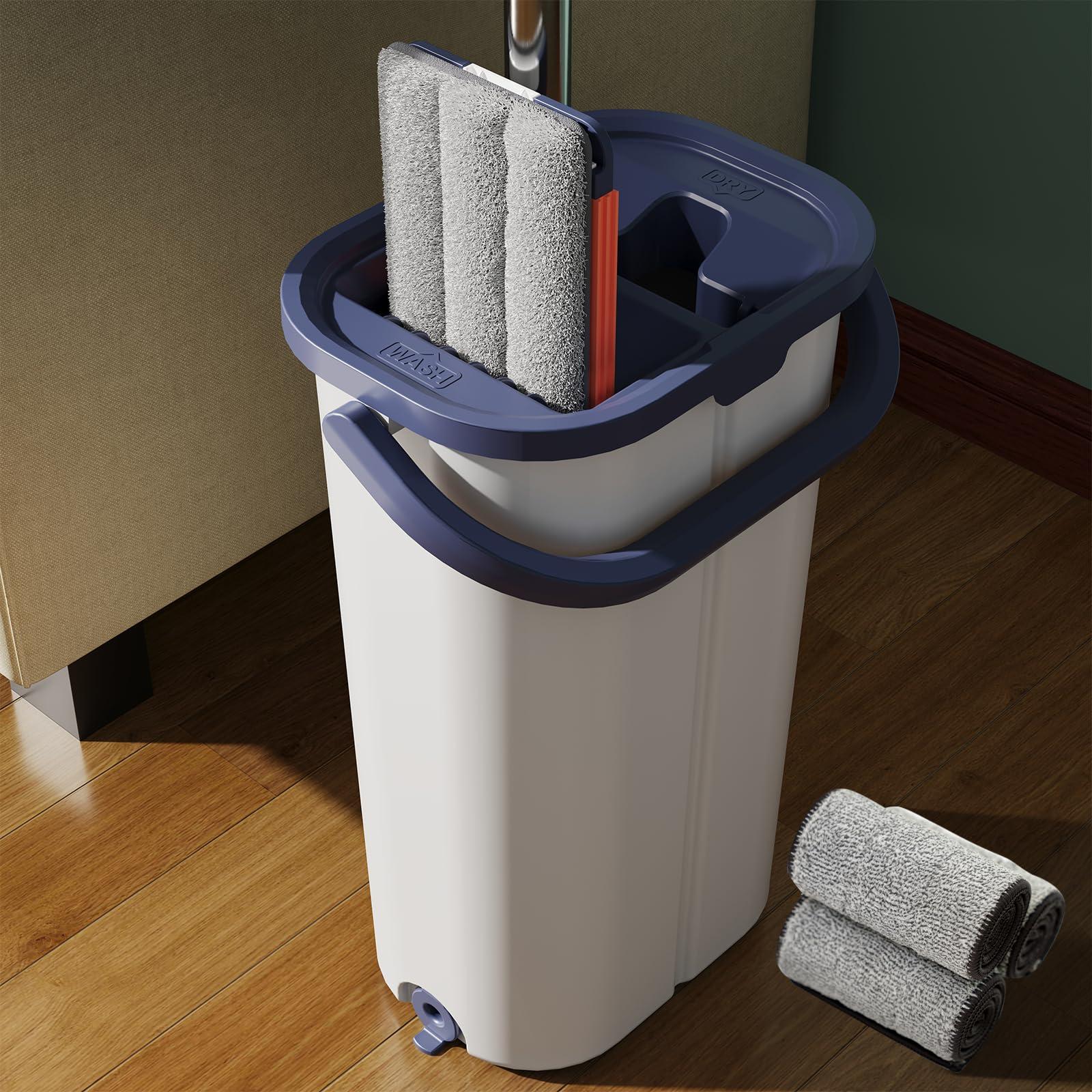 Mop and Bucket with Wringer Set for Home, Sturdy Aluminium Mops for Floor Cleaning, Large Flat Mopping Bucket System, Wall Cleaner with 4 Microfiber Pads - Image 1