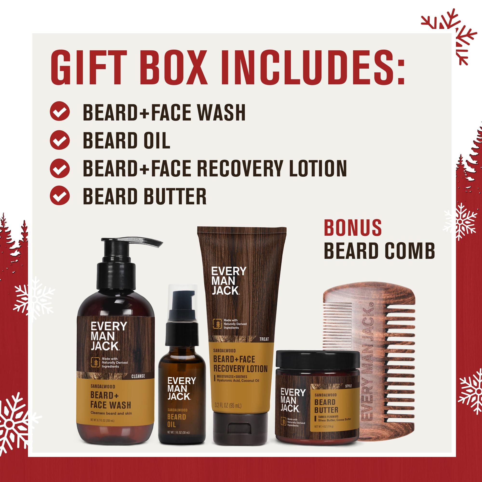 Every Man Jack Mens Sandalwood Beard Set - 5 Full-Sized Grooming Essentials For a Complete Routine - Beard + Face Wash, Beard + Face Lotion, Hydrating Beard Oil, Beard Butter, and Beard Comb - Image 3