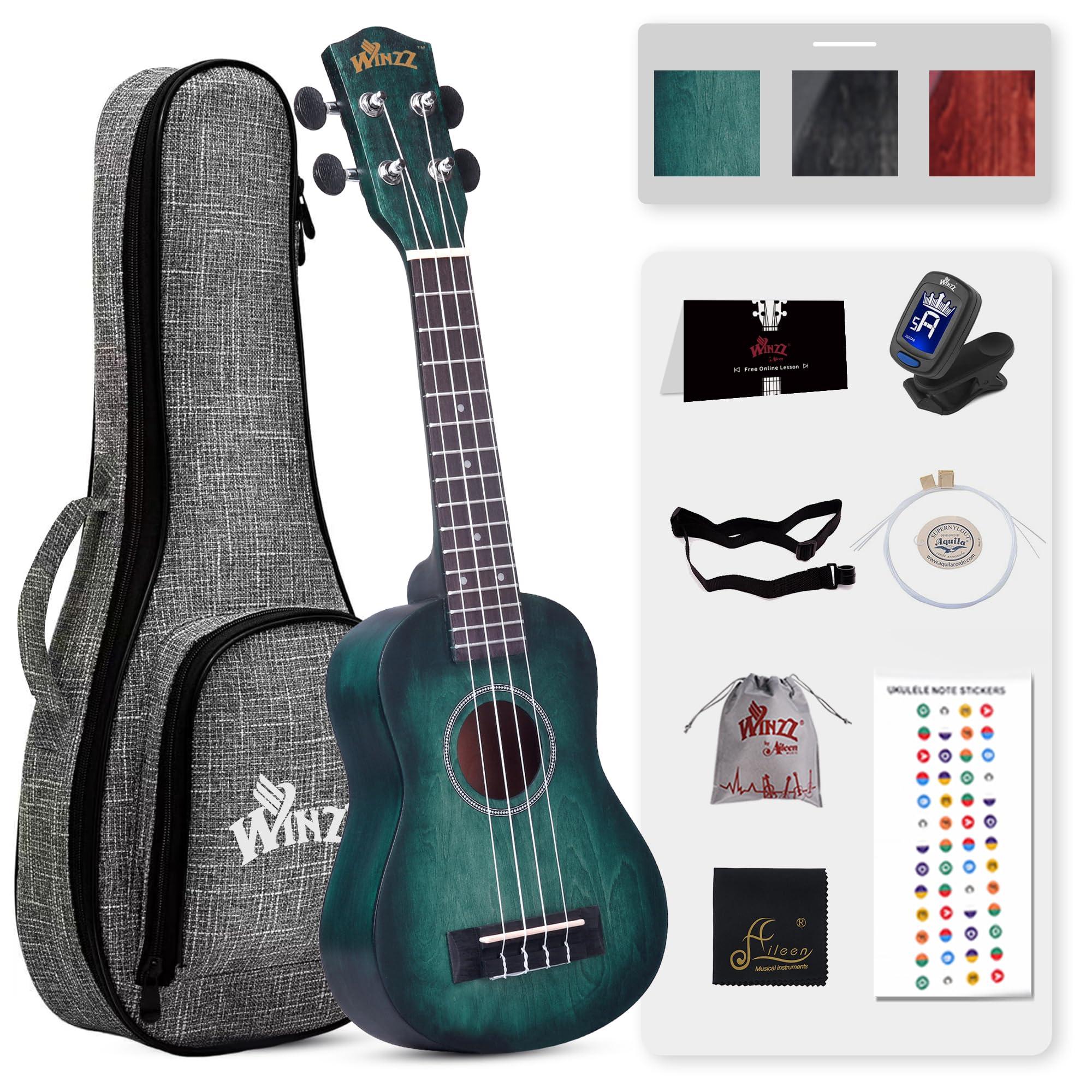 WINZZ HAND RUBBED Series - 21 Inches Soprano Ukulele Vintage Hawaiian Uke with Online Lessons, Bag, Tuner, Strap, Extra Strings, Fingerboard Sticker, Dark Hunter Green