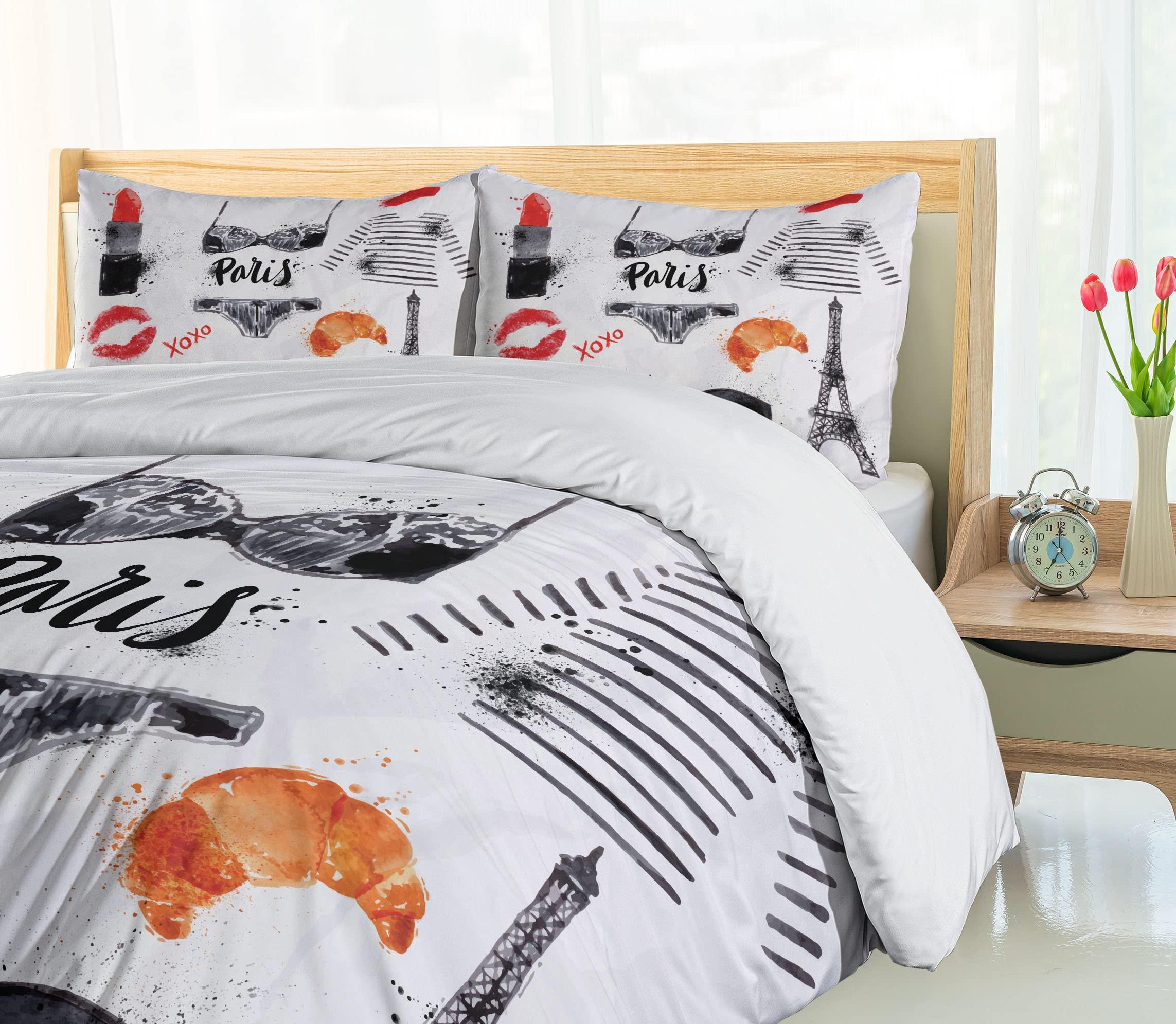 Lunarable Paris Duvet Cover Set, Eiffel Tower Glasses Lipstick Shoes Lingerie Accessories, Decorative 3 Piece Bedding Set with 2 Pillow Shams, California King, Vermilion Pale Grey - Image 4