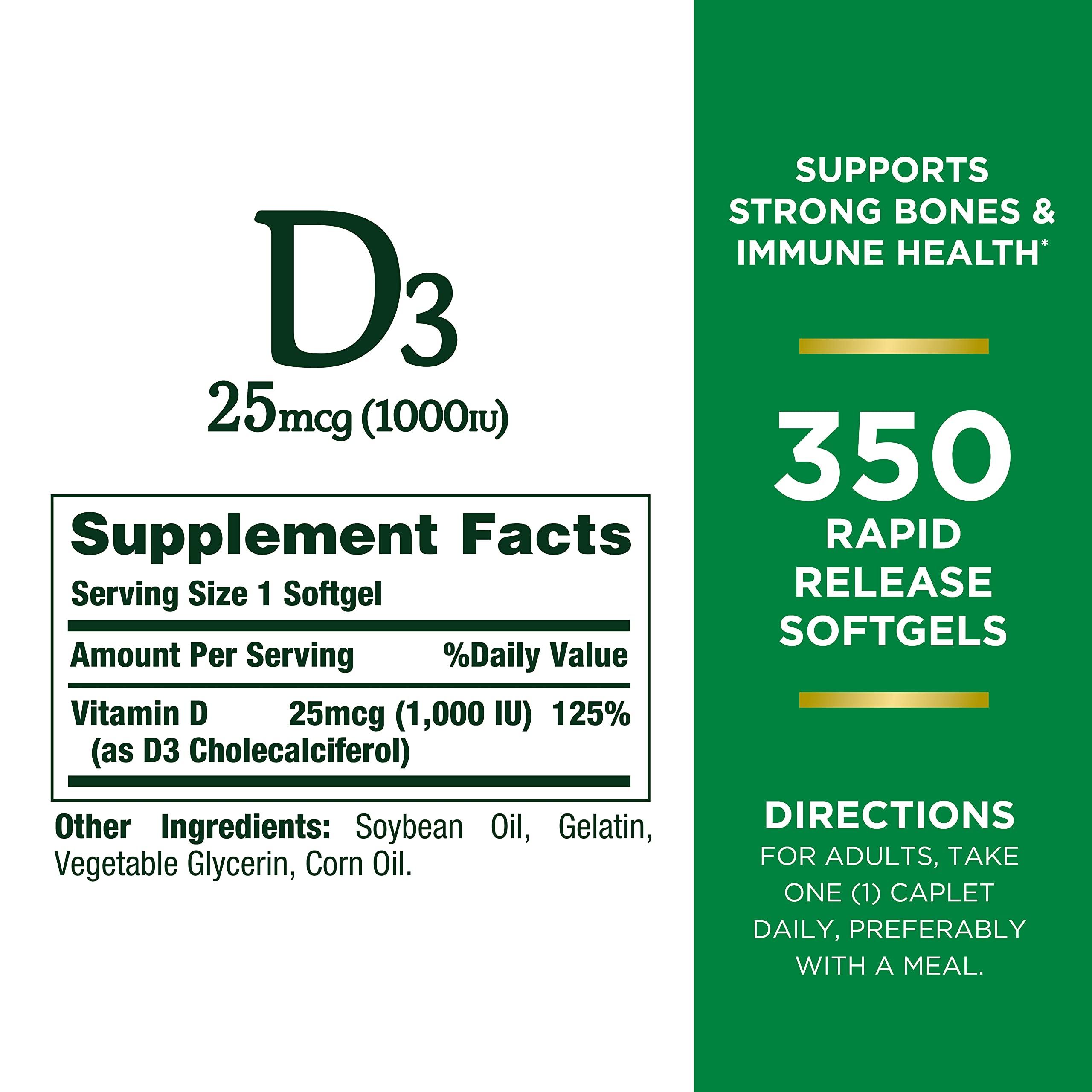 Nature's Bounty Vitamin D3 1000 IU Softgels, Immune Support, Promotes Healthy Bones, 350 Ct - Image 2