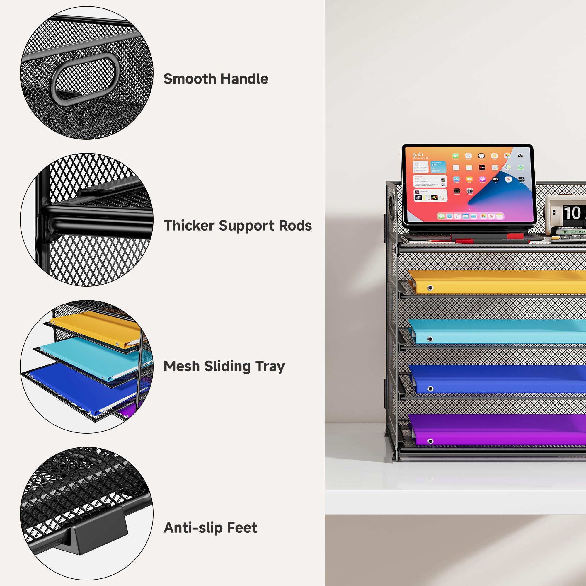 Cawukege 5 Tier Paper Organizer with Handle, Metal Mesh Desk Organizer File Folder Paper Letter Tray Desktop Document Sorter for Classroom, School, Office Accessories Organization and Storage - Black - Image 5