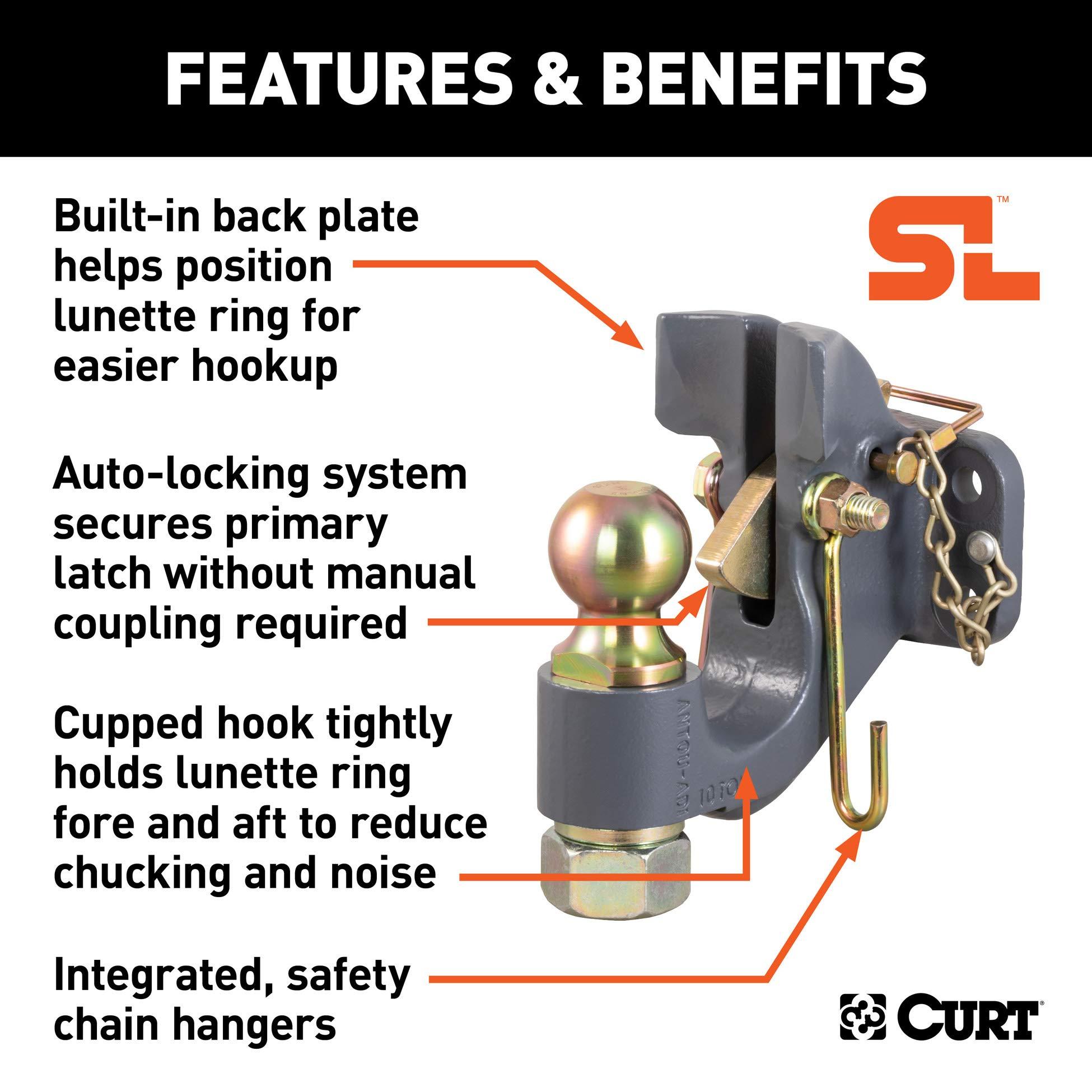 CURT 48411 SecureLatch 2-Inch Ball and Pintle Hitch Hook Combination, 20,000 Pounds, Mount Required, Battleship Grey Finish - Image 3