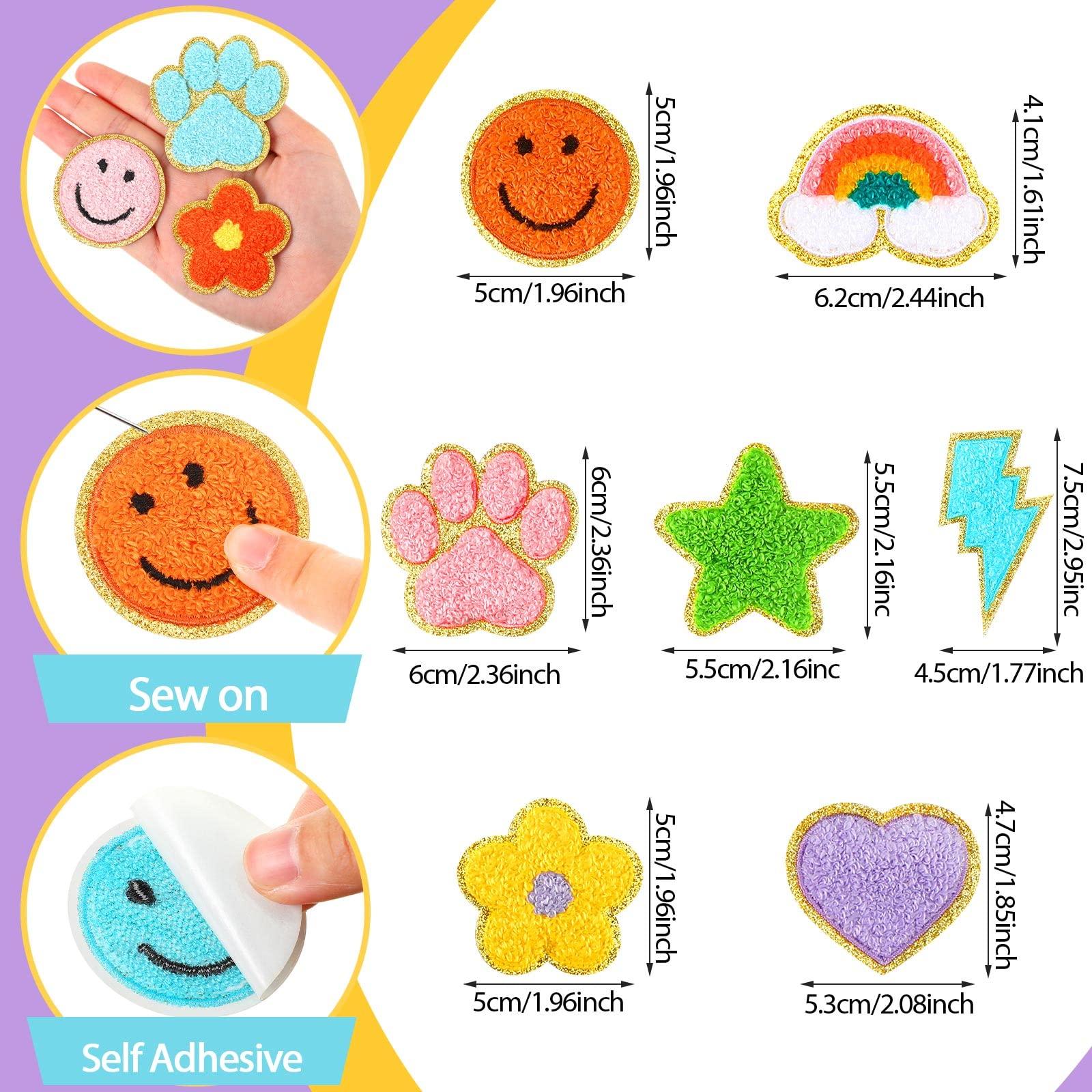 Yilloog 156 Pcs Glitter Self Adhesive Letters Chenille Clothing Patches Embroidered Repair Fuzzy Patches Alphabet Gold Trimmed Preppy Clothing Badges Sewing Appliques(Rainbow, Cute) - Image 3