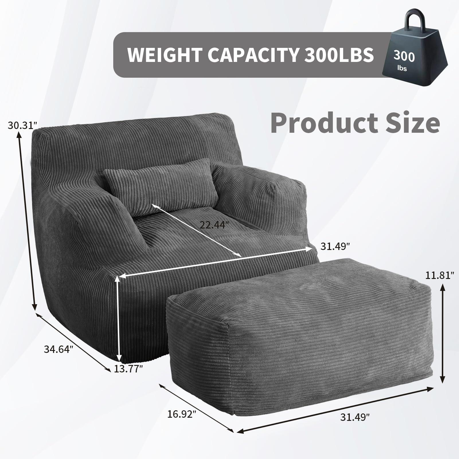 Giant Bean Bag Chair for Adults, Bean Bag Sofa Chair with Ottoman, Comfy Reading Chair for Dorm Room, Dark Grey - Image 2