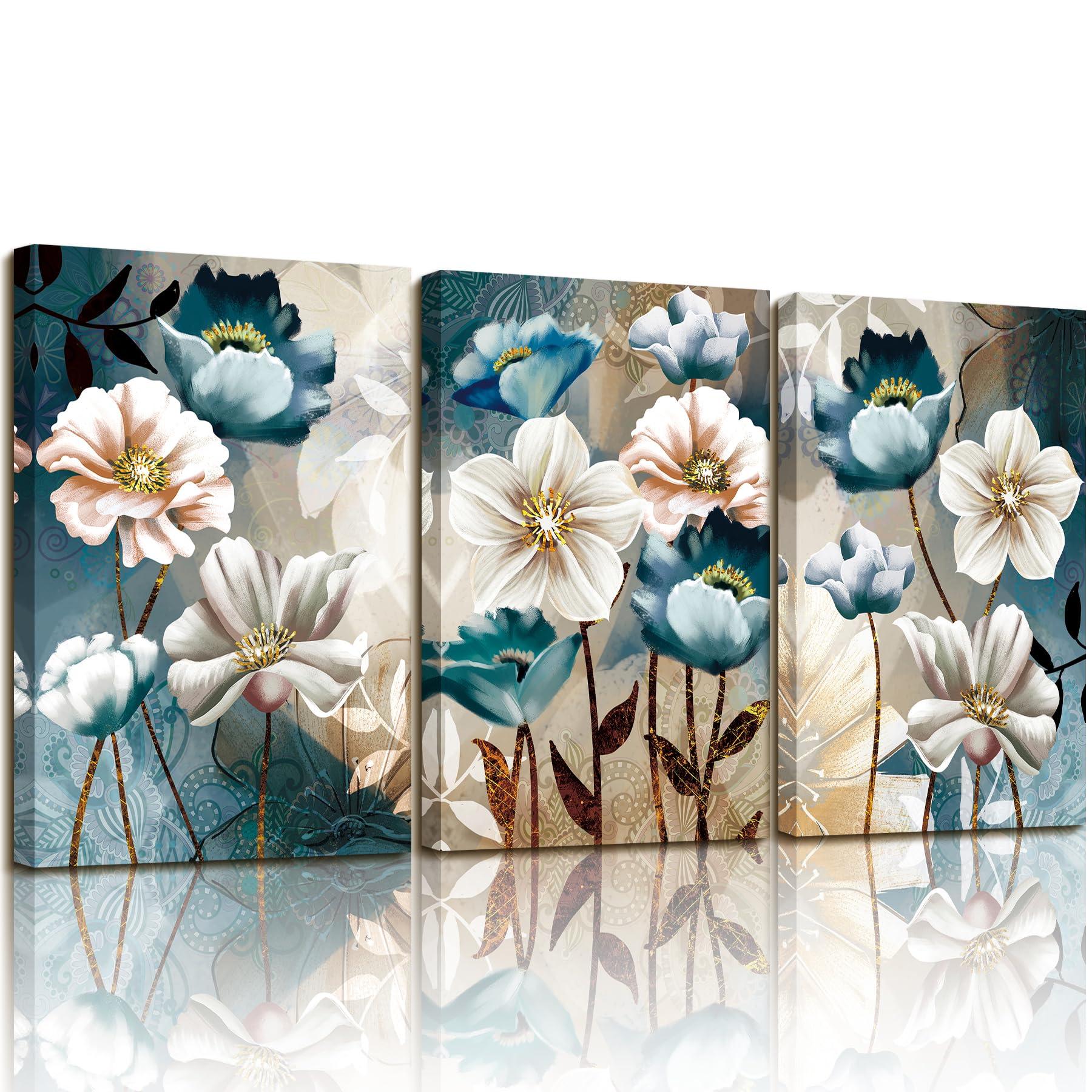 SERIMINO 3 Piece Lotus Flower Canvas Wall Art for Living Room, Blue Floral Picture Wall Decor for Dining Room Bedroom, Art Print Painting for Home Decorations 12"X16"