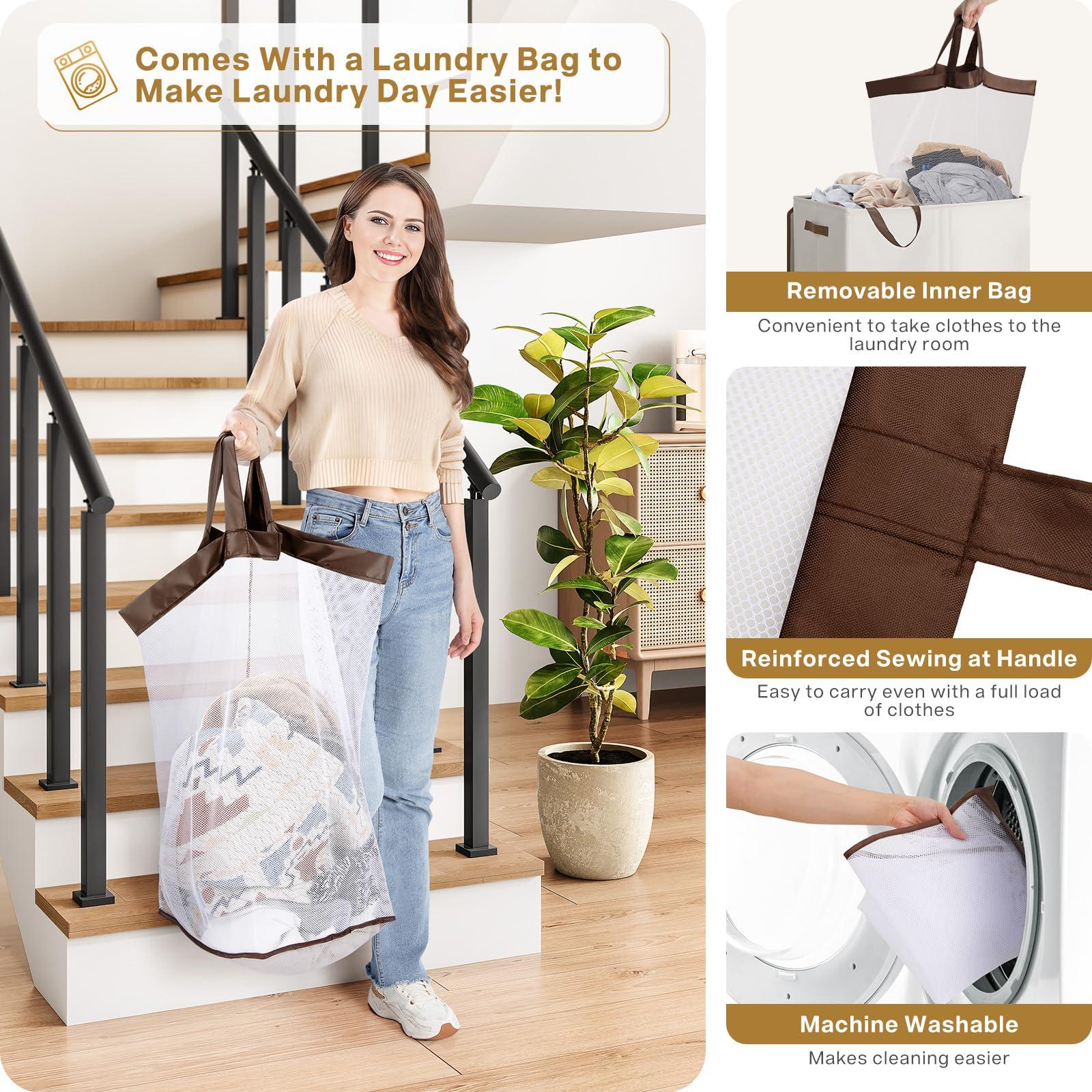SOLEDI Luxury Double Laundry Hamper with Lid and Removable Bags, Large Hamper for Laundry, Laundry Basket 2 Sections, Collapsible Ditry Clothes Hamper for Bedroom, Laundry Room, Bathroom, Off-white - Image 4