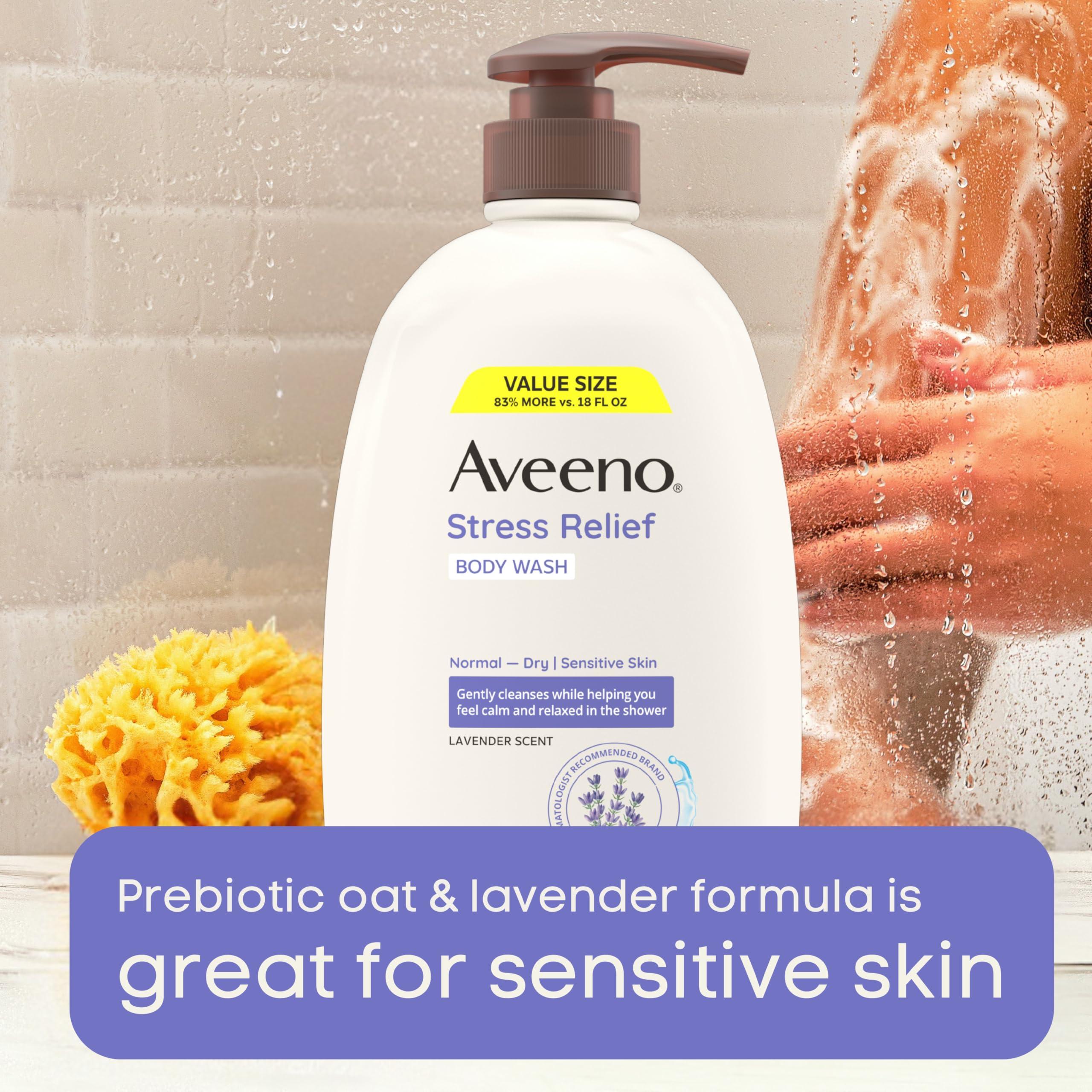 Aveeno Stress Relief Body Wash with Nourishing Oat & Lavender Scent for Sensitive Skin, Gently Cleanses & Helps You Feel Calm & Relaxed in the Shower, Soap-Free, 33 fl. oz - Image 2