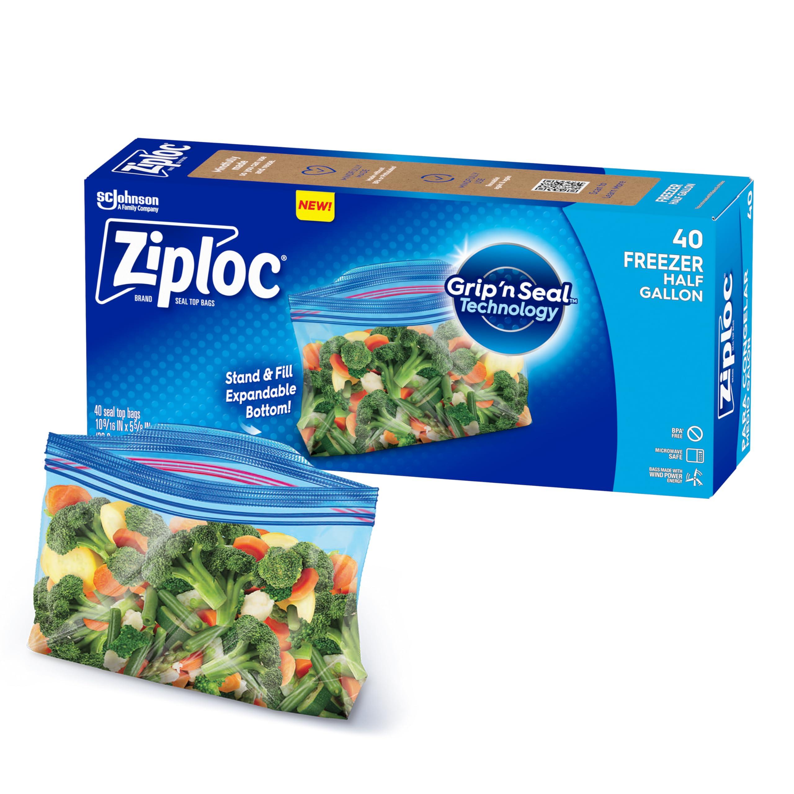 Ziploc Half Gallon Food Storage Freezer Bags, Grip 'n Seal Technology for Easier Grip, Open, and Close, 40 Bags Total