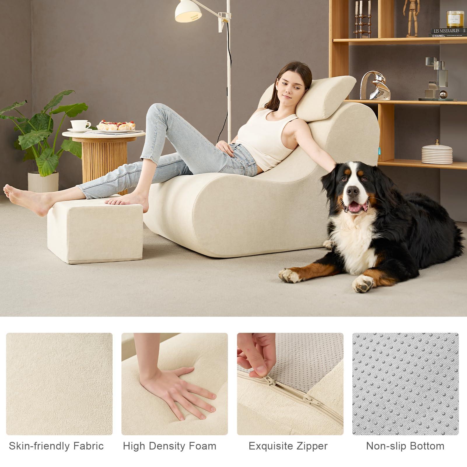 Hansleep Bean Bag Chair for Adults, High-Density Foam Reading Chair with Ottoman, Cozy Beanbag Sofa Chair with Waist Support for Living Room, Bedroom, Beige - Image 5
