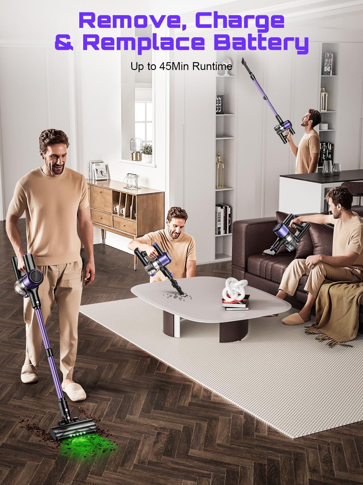 Cordless Vacuum Cleaner, 10 in 1 Stick Vacuum with Powerful Suction, Hose, Green LED Light, Anti-Tangle Brush, Lightweight Rechargeable Vacuum Cleaner for Home, Hardwood Floors, Carpets, Pet Hair - Image 9